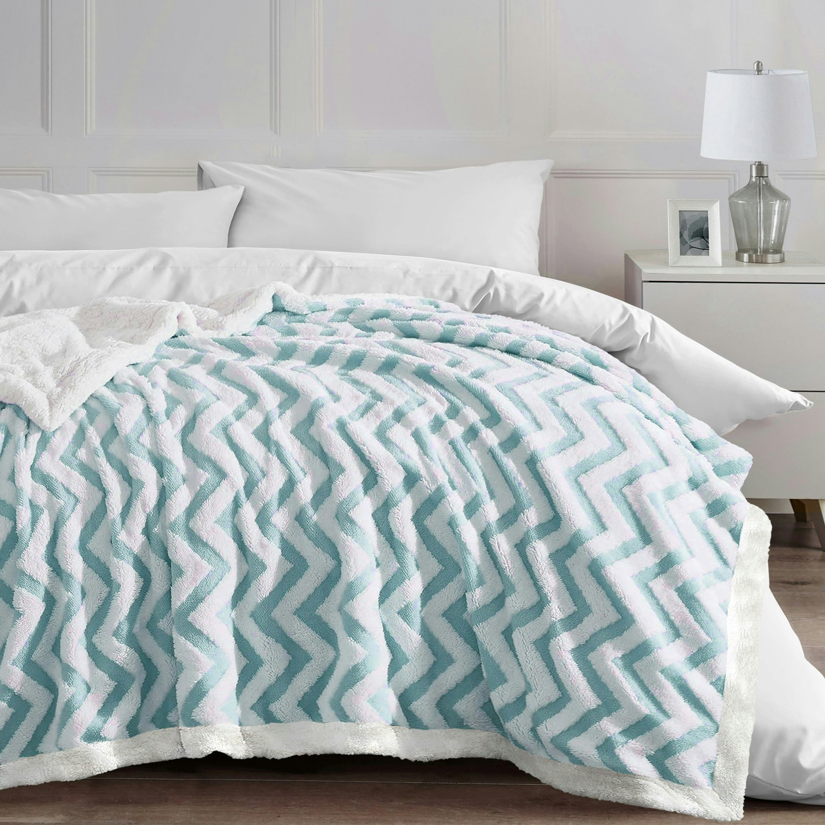 Rackhams Blue Jacquard Chevron Sherpa Reverse Throw - 150Cm X 200Cm