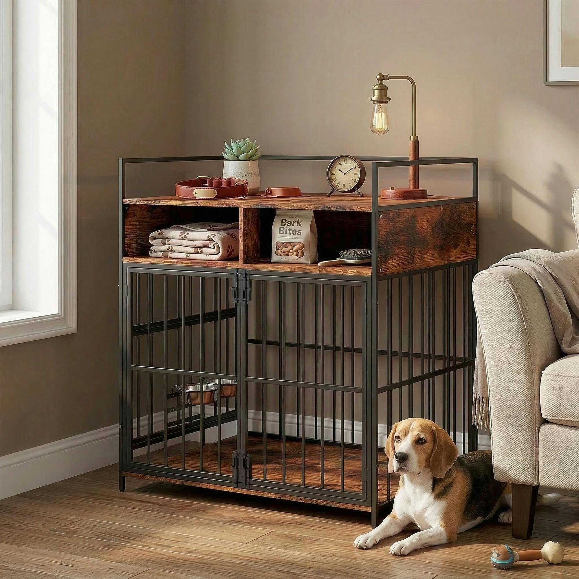 Pawhut Brown/Black Dog Crate Furniture, Dog Cage With Rotatable Feeding Station - Rustic - Dog Crate Furniture - 80 X 60 X 90.5 Cm