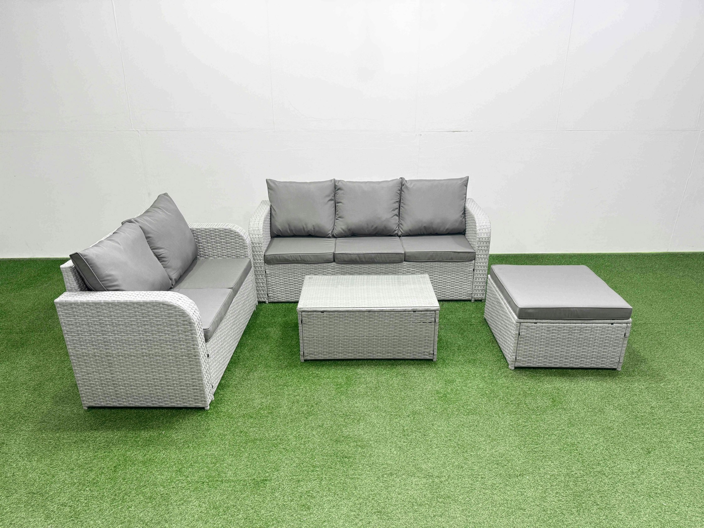 Fimous Light/Grey/Dark 6 Seater Pe Rattan Wicker Garden Furniture Patio Conservatory Sofa Set With Rectangular Coffee Table 3 Seater Sofa Love Sofa Big Footstool