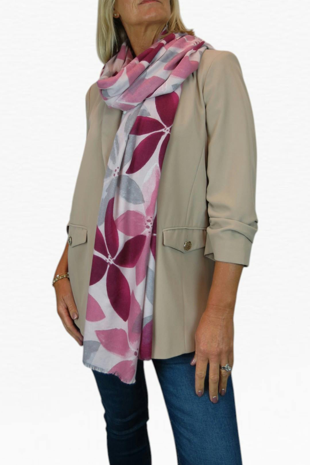 Paulo Due Pink Large Leaf Design Wool Blend Pashmina Scarf