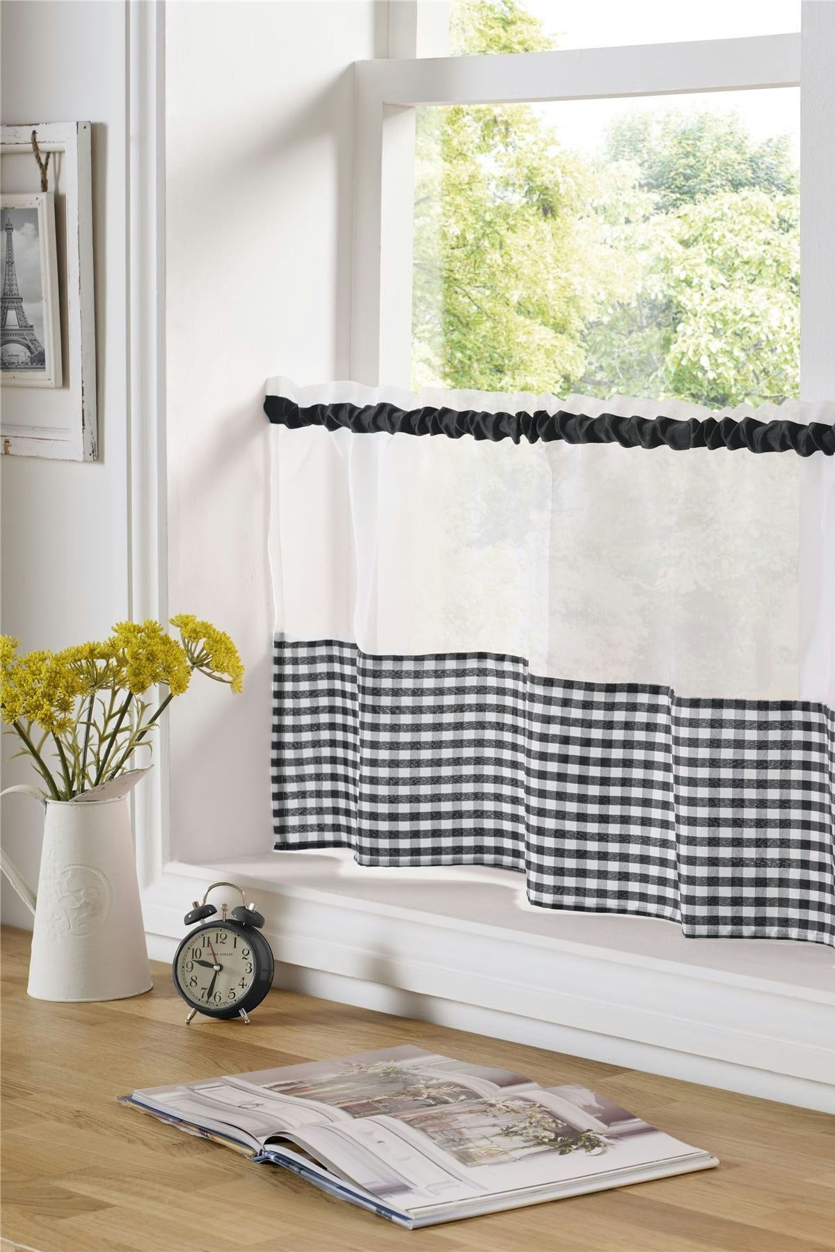 Rackhams Black Gingham Checked Kitchen Voile Curtain Café Panels - 24"