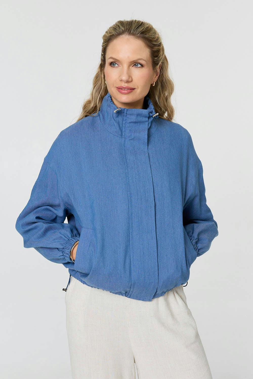Izabel London Blue Relaxed Drawstring High Neck Jacket - 12