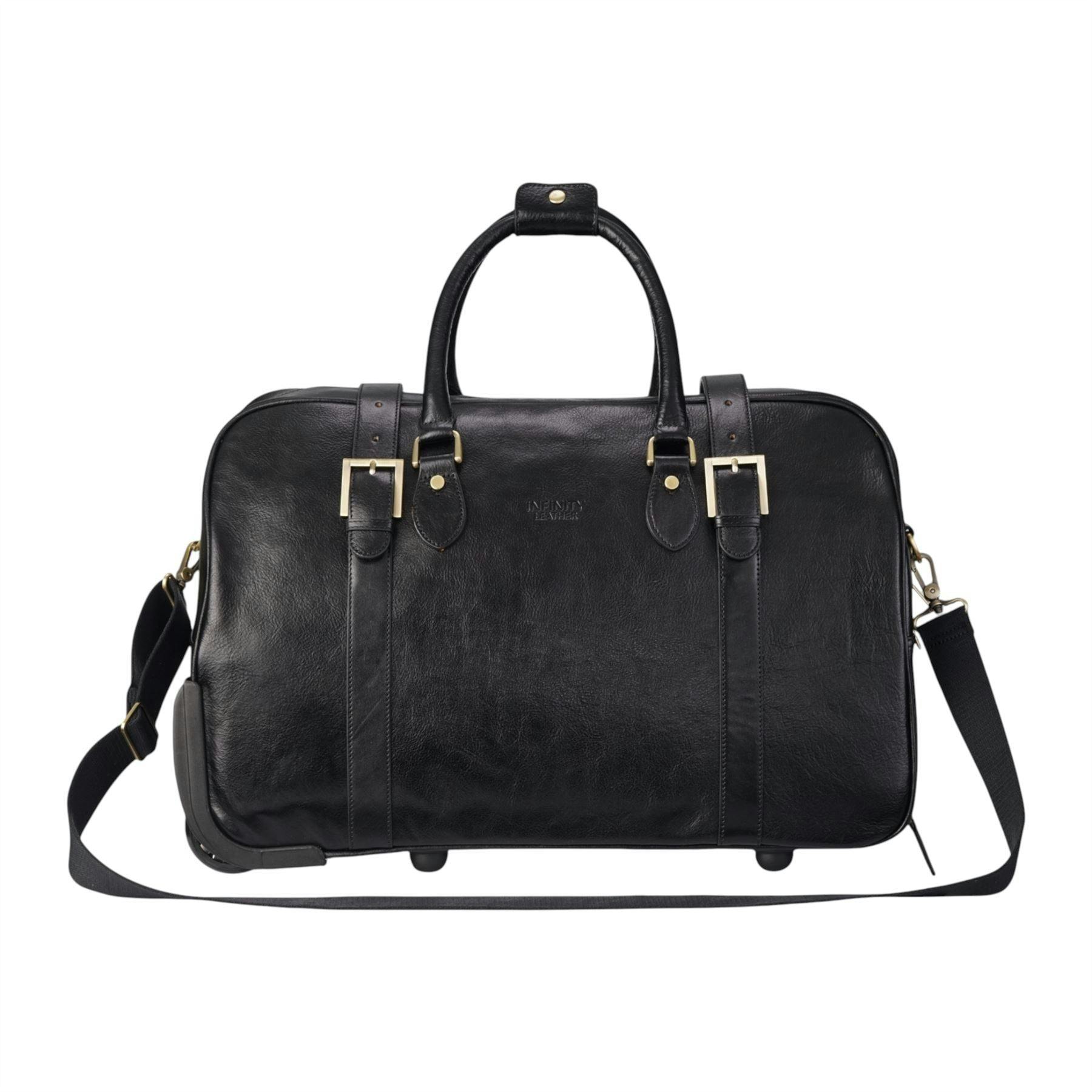 Infinity Leather Black Genuine Leather Wheeled Holdall Duffle Travel Cabin Bag - Holt - 50 X 32 X 27 Cm