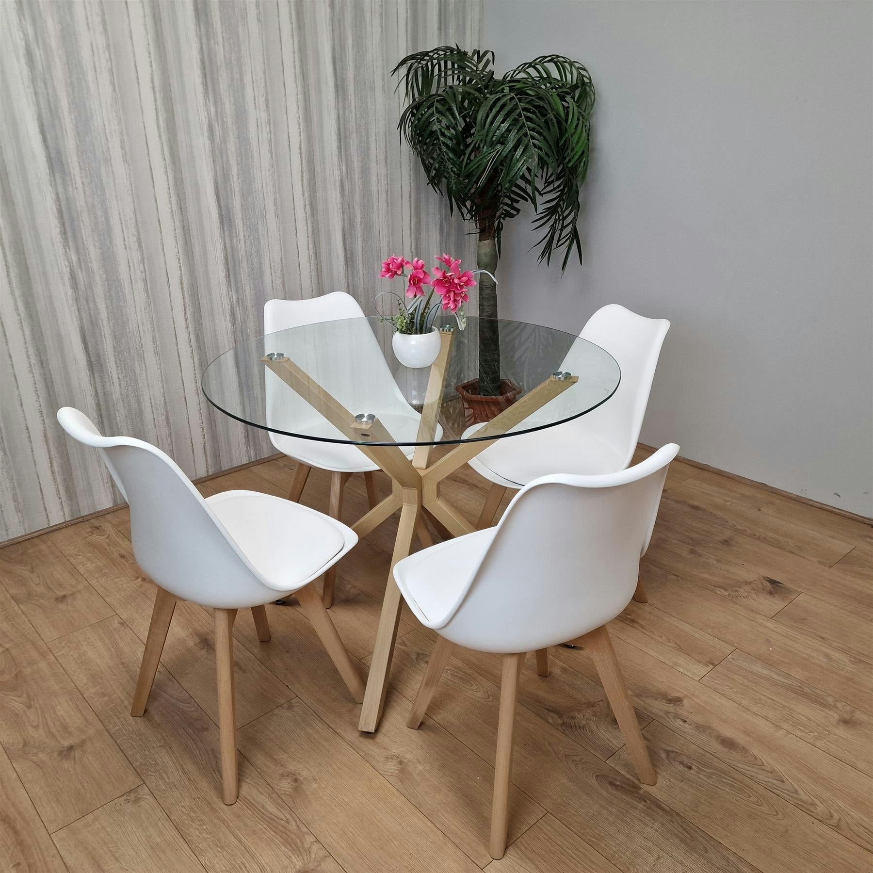Kosy Koala Unisex Brown Round Glass Dining Table Set With 4 White Plastic Chairs Dining Room Furniture In - Image 5