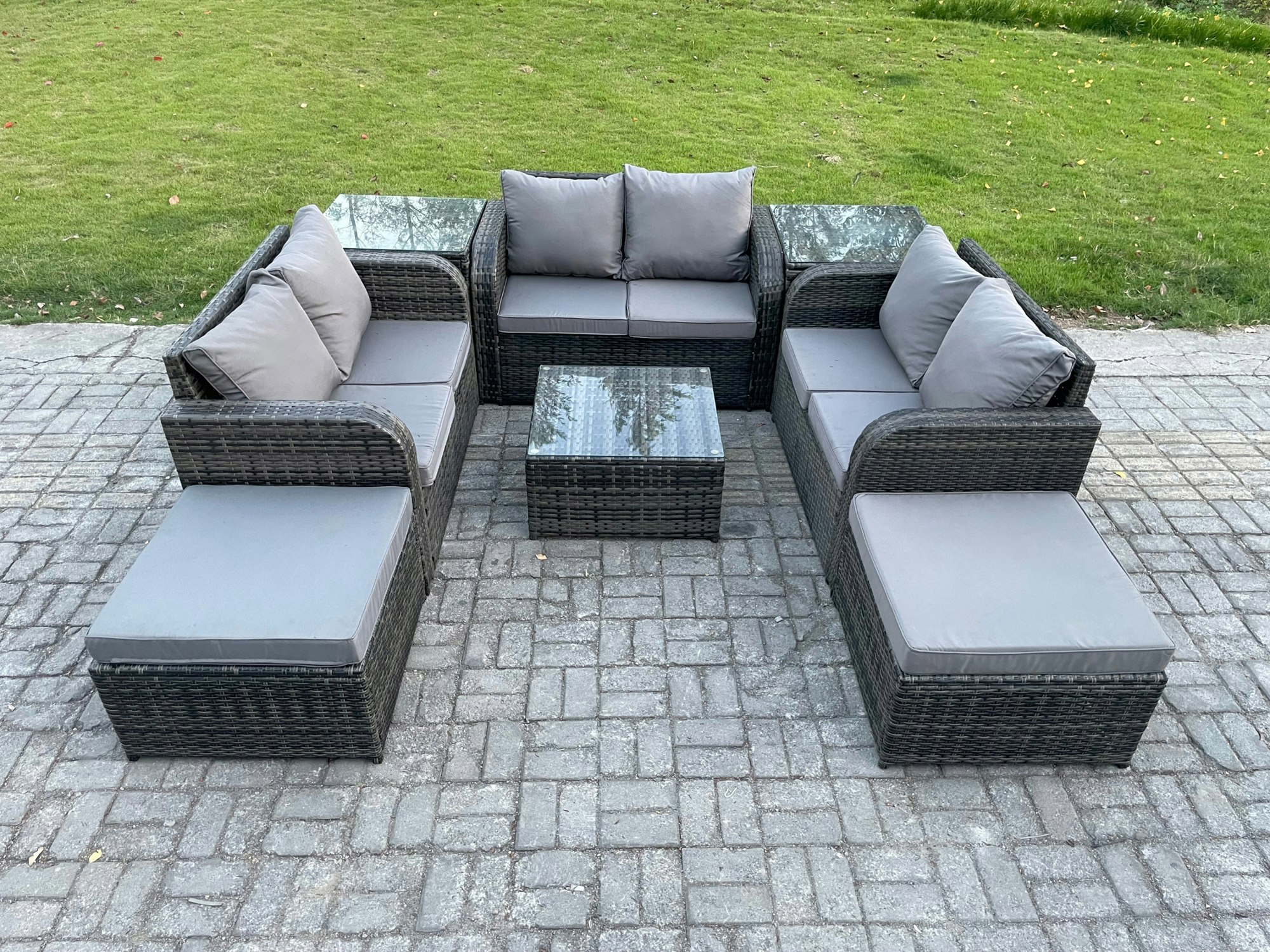 Fimous Dark/Grey 8 Seater Outdoor Garden Furniture Sets Wicker Rattan Furniture Sofa Sets With Square Coffee Table Love Seat Sofa 2 Big Footstool 2 Side Tables