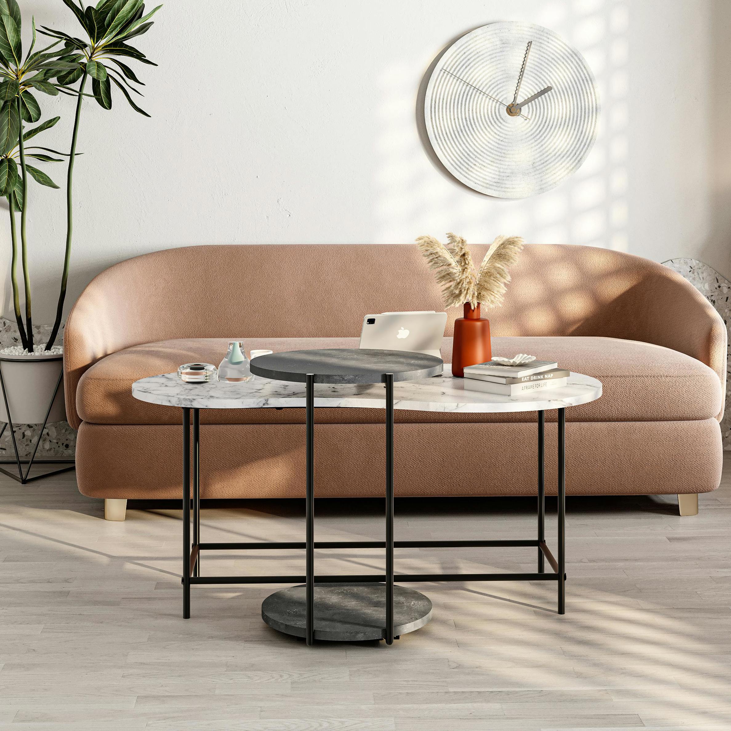 Rackhams Grey Modern Cuddle Coffee Tables 2 Piece Nested Table Round W Wheels And Oval Table Metal Legs Office - Retro