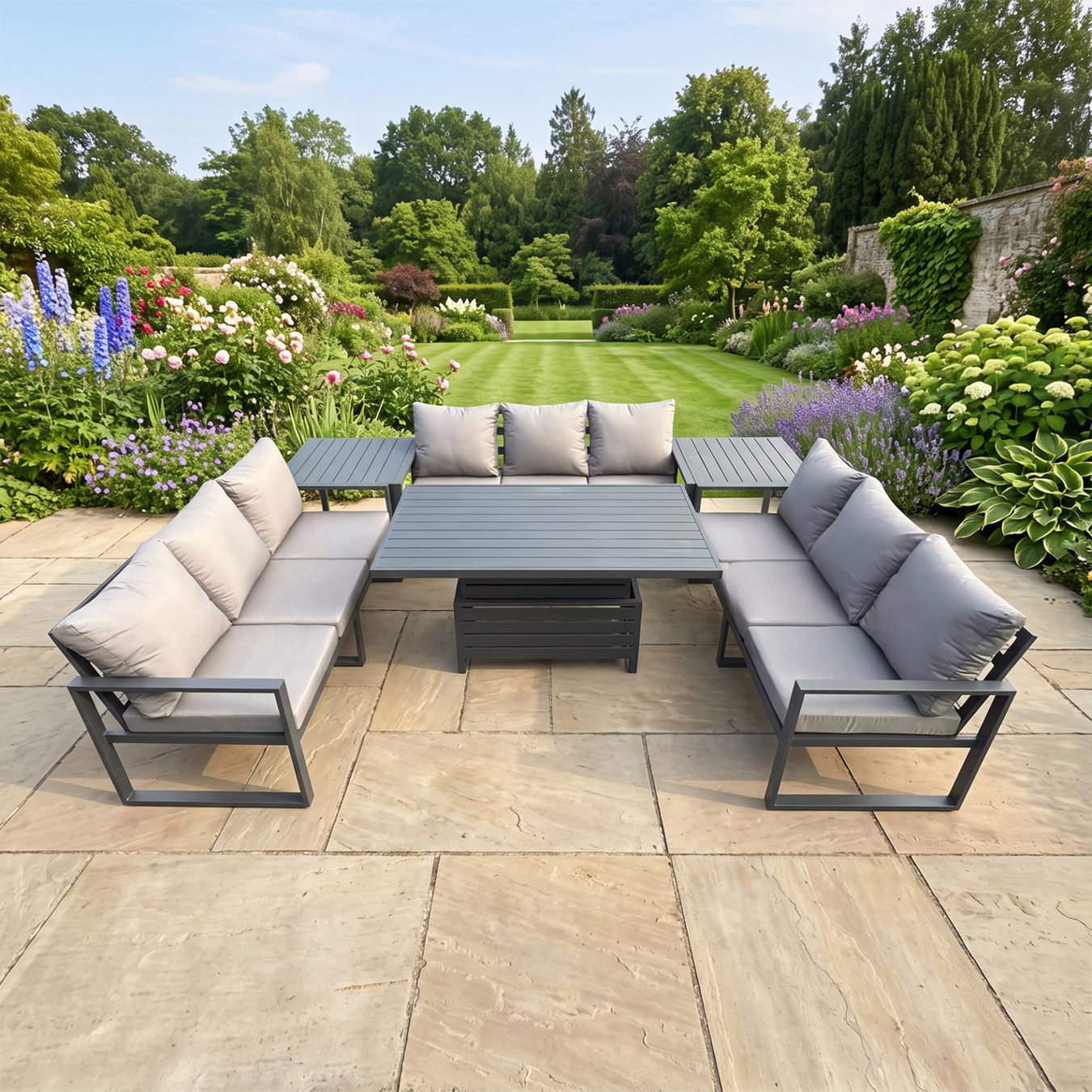 Fimous Dark/Grey 9 Seater Aluminium Garden Furniture Set With Adjustable Rising Dining Table, 2 Side Tables