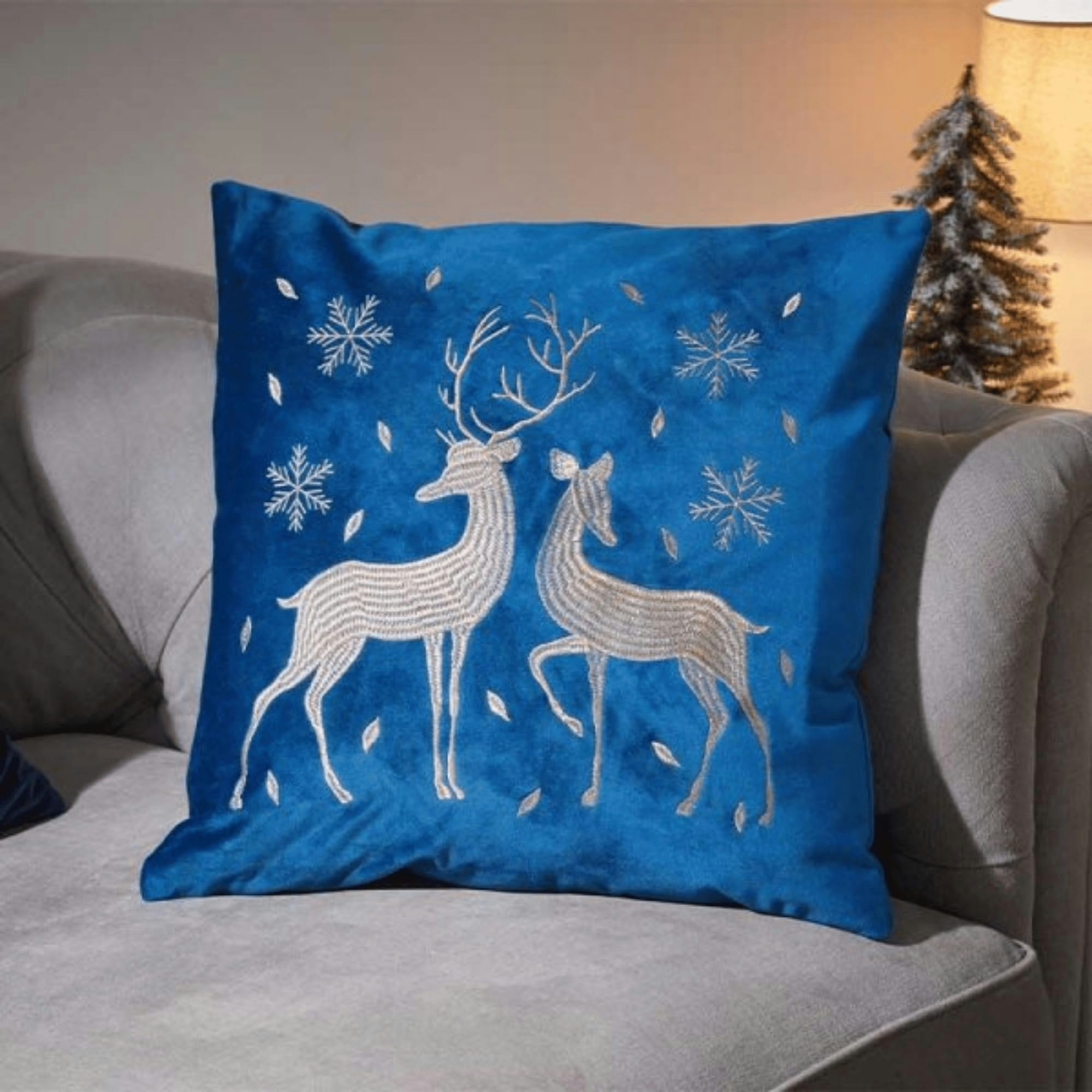Rackhams Blue 45 X 45Cm Soft Fabric Christmas Reindeer Chair Cushion In Sapphire