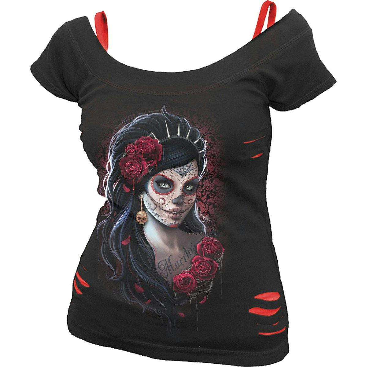 Spiral Direct Red/Black Day Of The Dead - 2In1 Ripped Top - Xxl - Digital - Digital