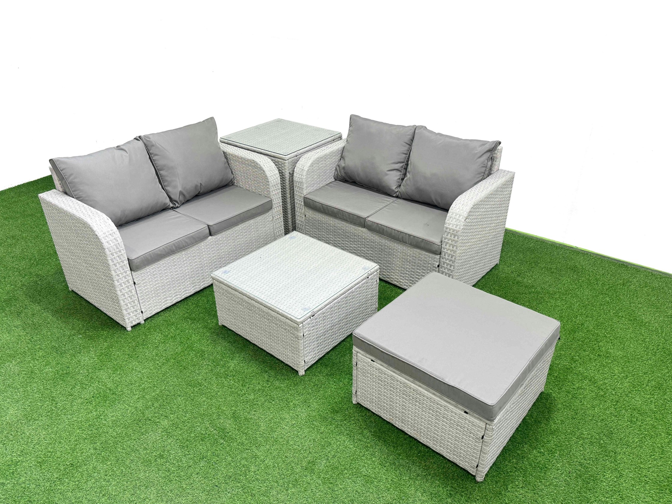 Fimous Light/Grey 5 Seater Outdoor Love Sofa Set Rattan Garden Furniture Set With Square Coffee Table Big Footstool Side Table