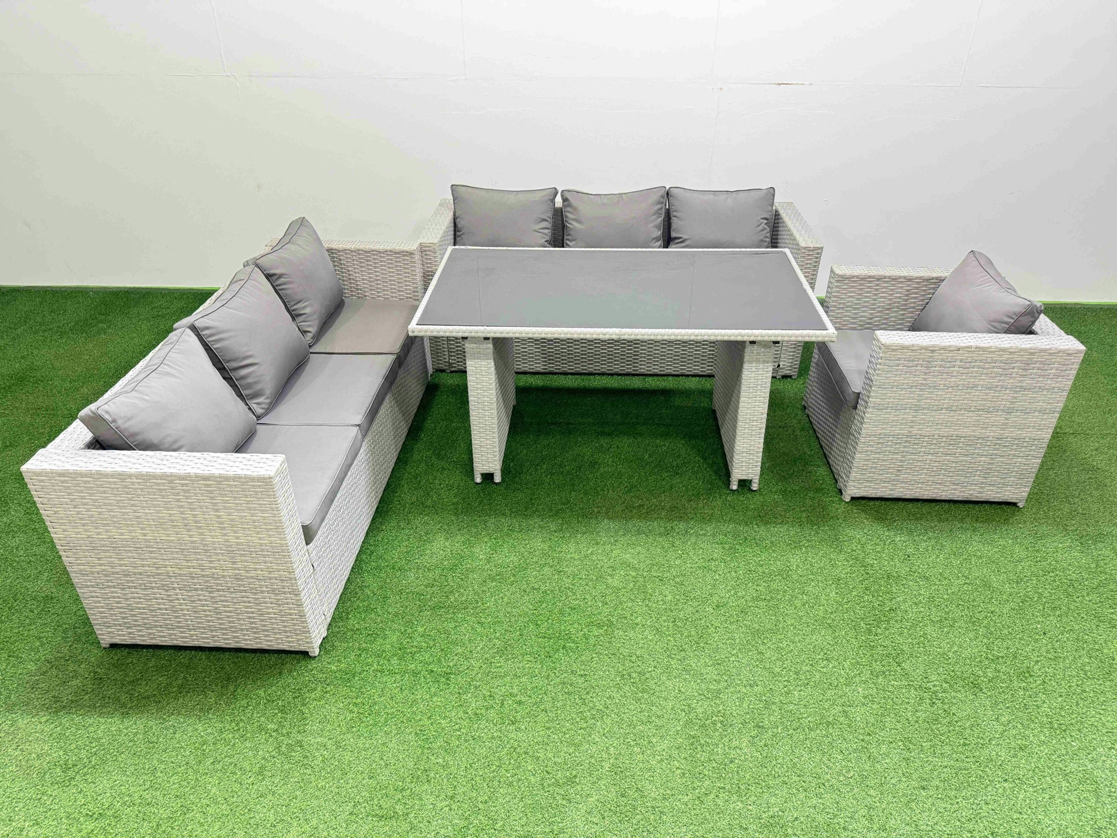 Fimous Black/Light/Grey Patio Garden Furniture Sets With Glass Top Dining Table 3 Seater Sofa Armchair