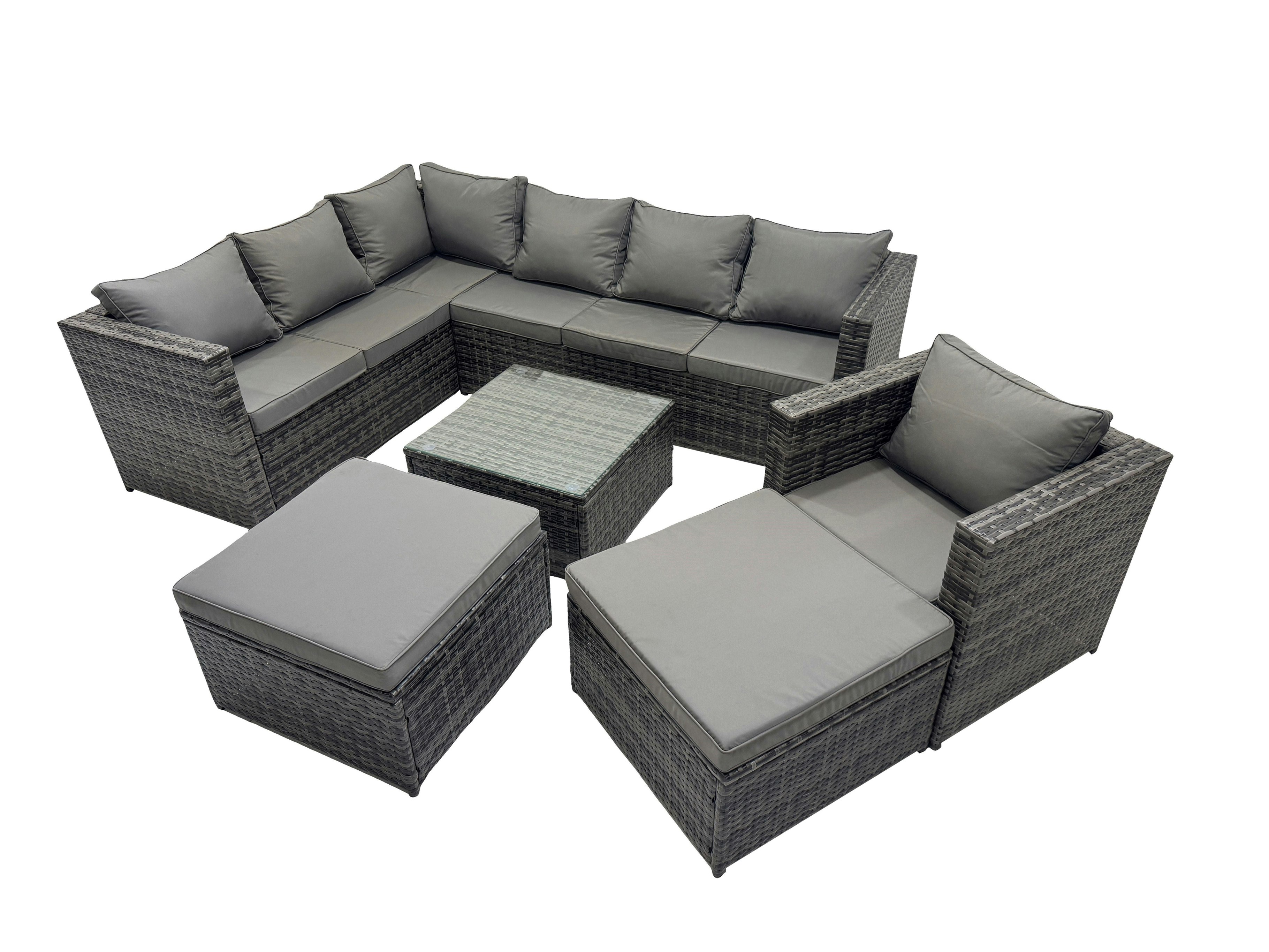 Fimous Dark/Grey Rattan Garden Furniture Patio Furniture Sets With Corner Sofa Chair Square Coffee Table 2 Big Footstools Mixed
