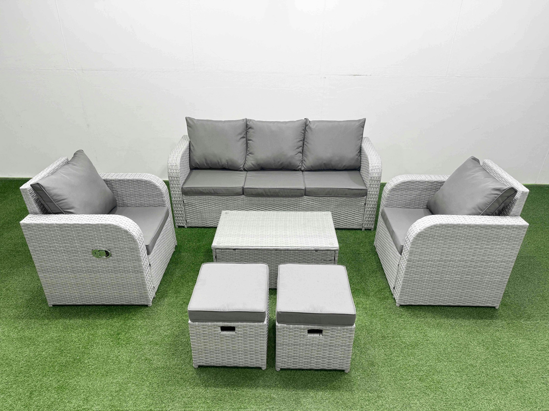 Fimous Light/Grey Pe Rattan Garden Furniture Set Reclining Chair Sofa Lounge Sofa Set Oblong Coffee Table 2 Small Stools