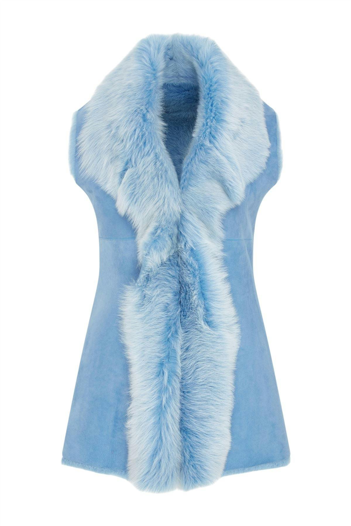 Infinity Leather Women's Blue Toscana Sheepskin Long Gilet-Sorocaba - Uk 3XL/20 | Eu 46 | Us 16