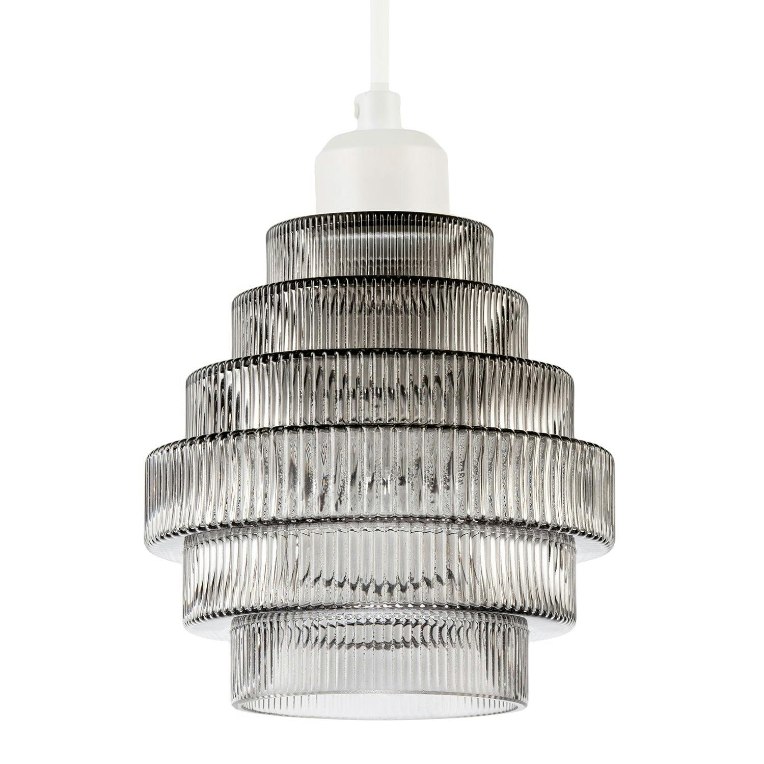 Rackhams Light Tiered Stepped Design Smoked Ribbed Glass Pendant Ceiling Shade