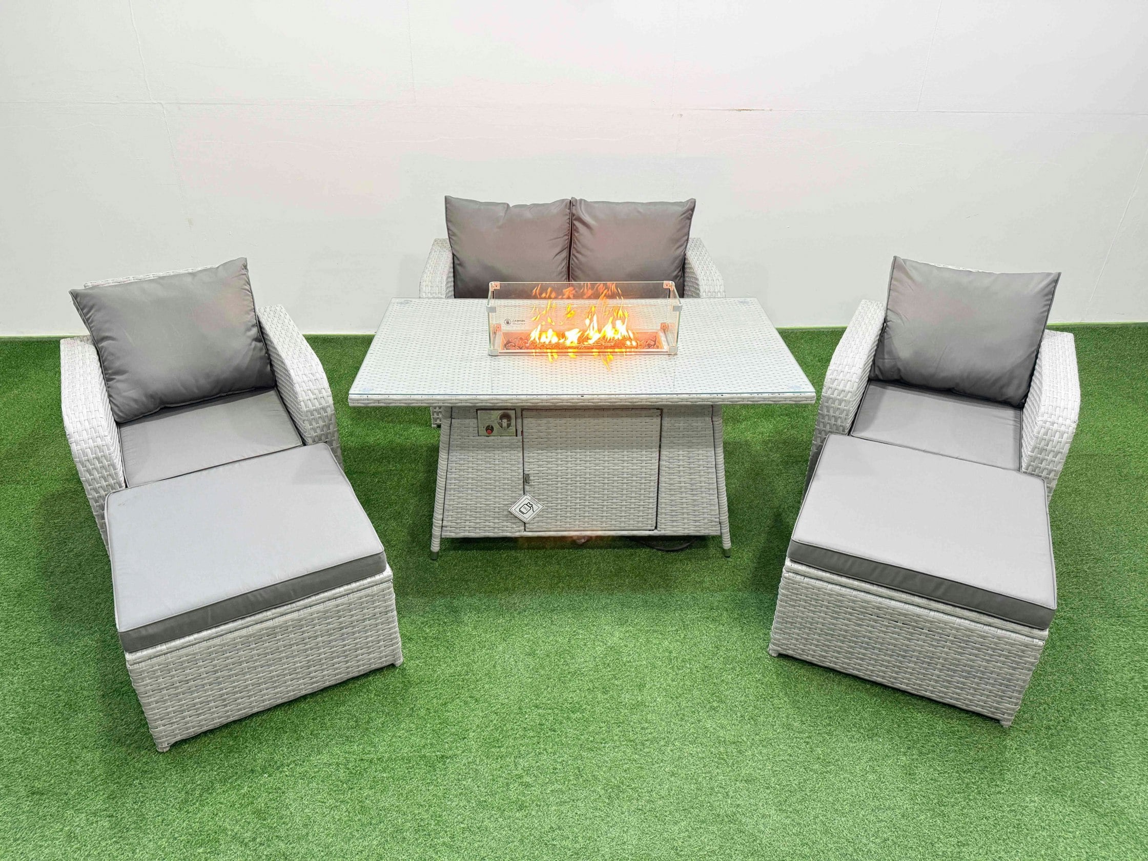 Fimous Light/Grey Pe Wicker Rattan Garden Furniture Set Sofa Set Reclining Chair Fire Pit Dining Table 6 Seater 2 Big Stools