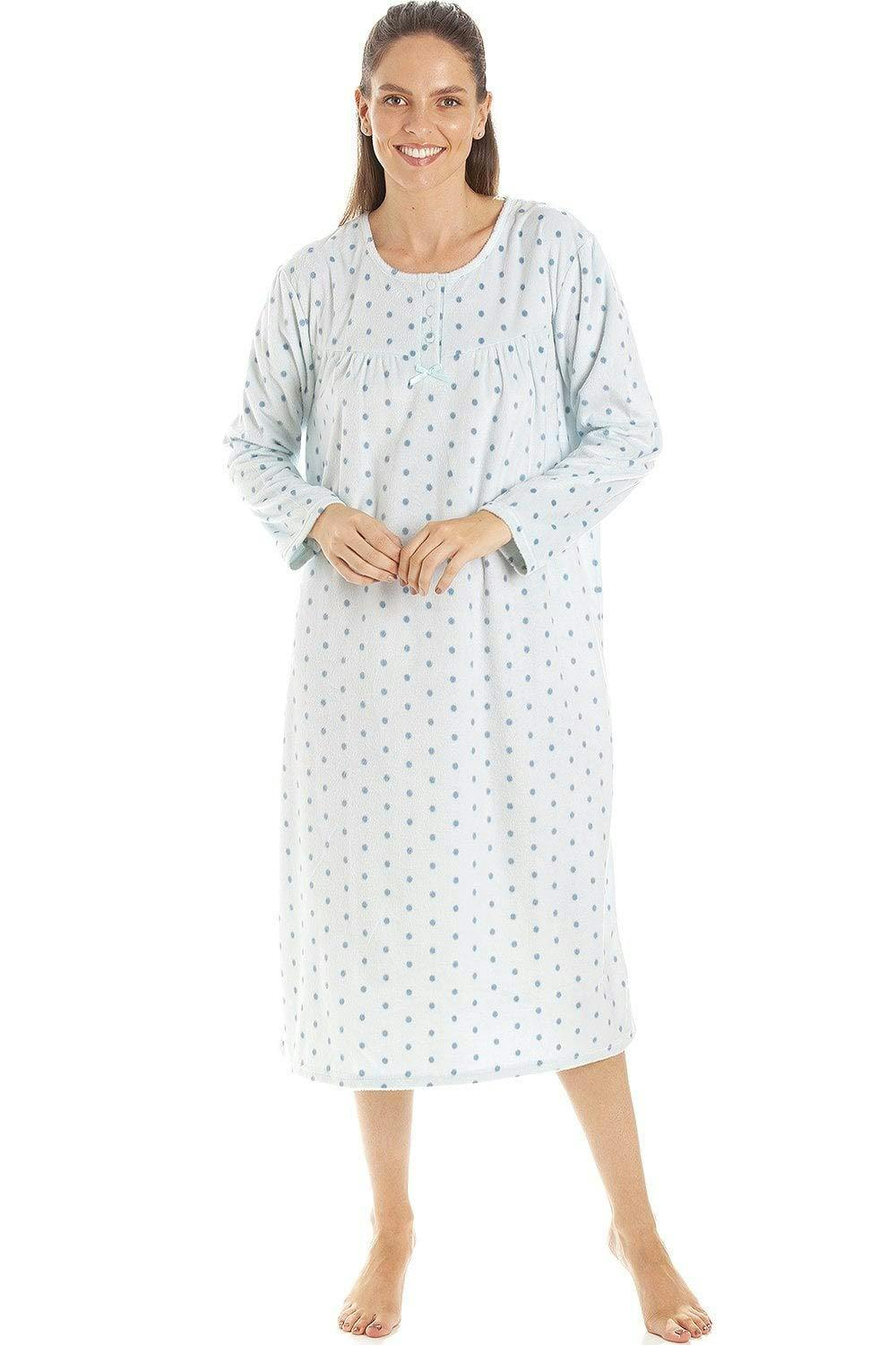 Camille Classic Long Sleeve Polka Dot Soft Fleece Nightdresses - Aqua - 14-16