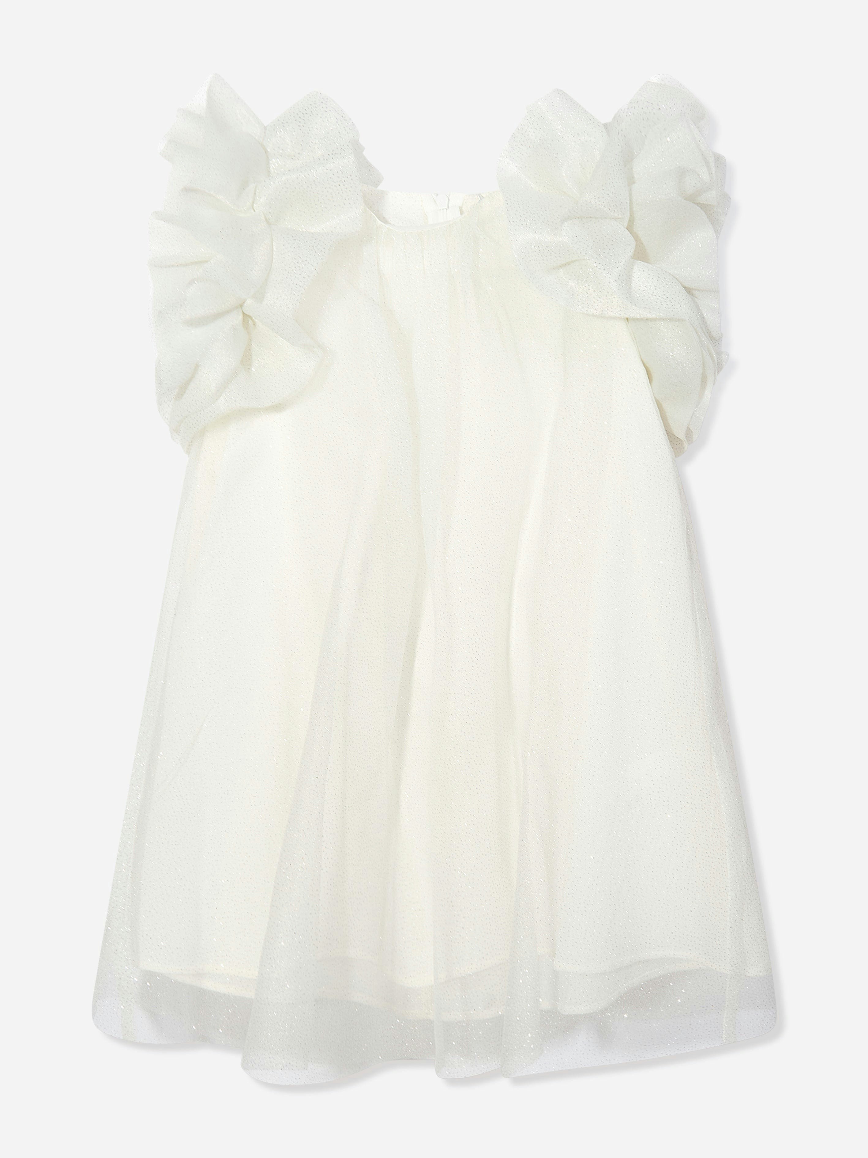 Mama Luma Girls White Puffy Sleeves Tulle Dress In - 11 - 12 Yrs