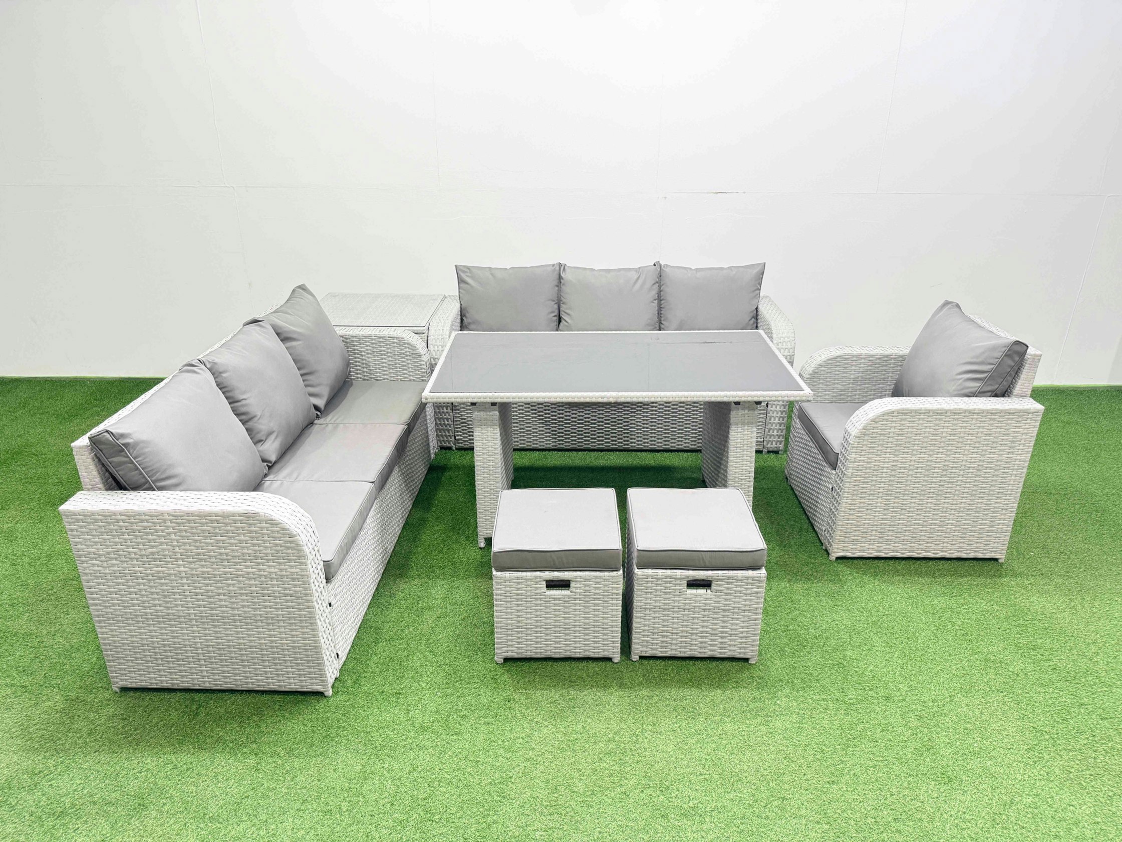 Rackhams Light/Grey Rattan Garden Furniture Dining Set 9 Seater Patio Rectangular Table Sofa Set With Side Table 2 Small Stools