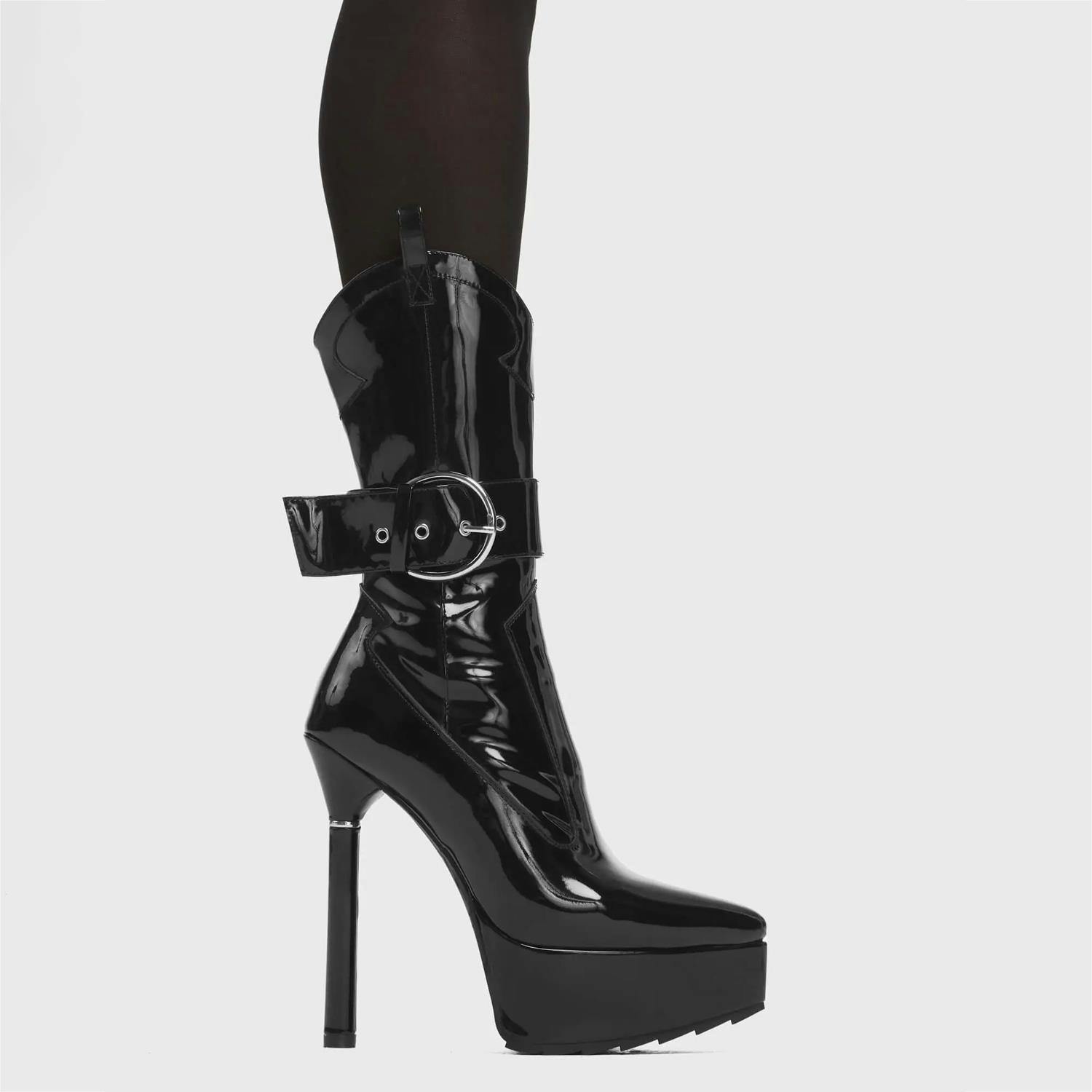 Lamoda Women's Keep Waitin' Platform Calf Boots In Blackpat For Stylish Look - Uk5