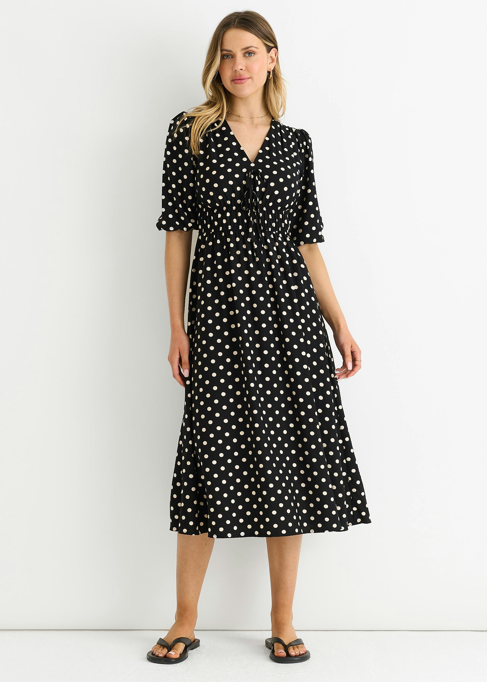 Gini London Black Spot Print Shirred Waist Shift Midi Dress - Uk 12 / Us 8 / Eu 40