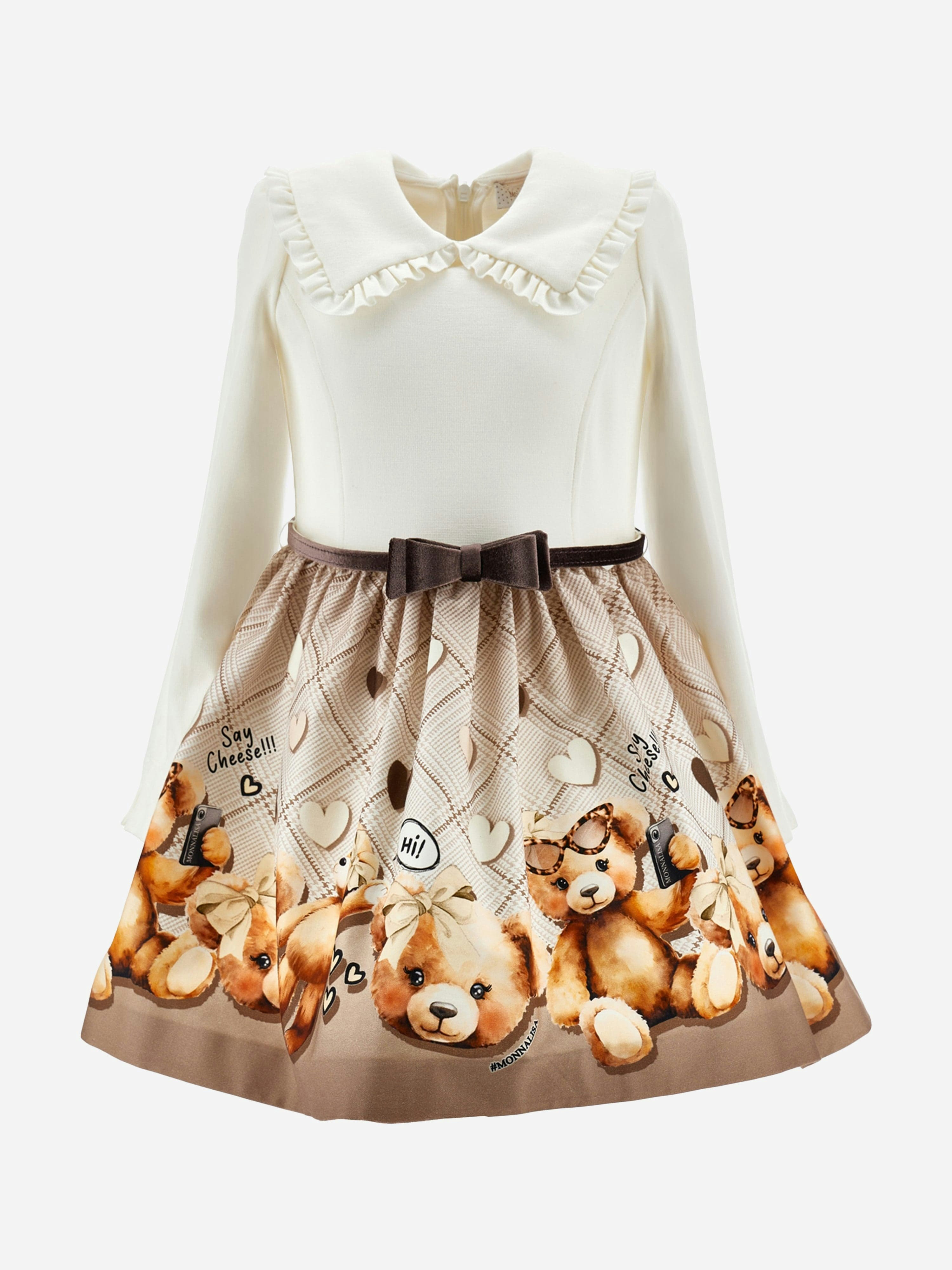 Monnalisa Girls Brown Teddy Bear Dress In - 2 Yrs