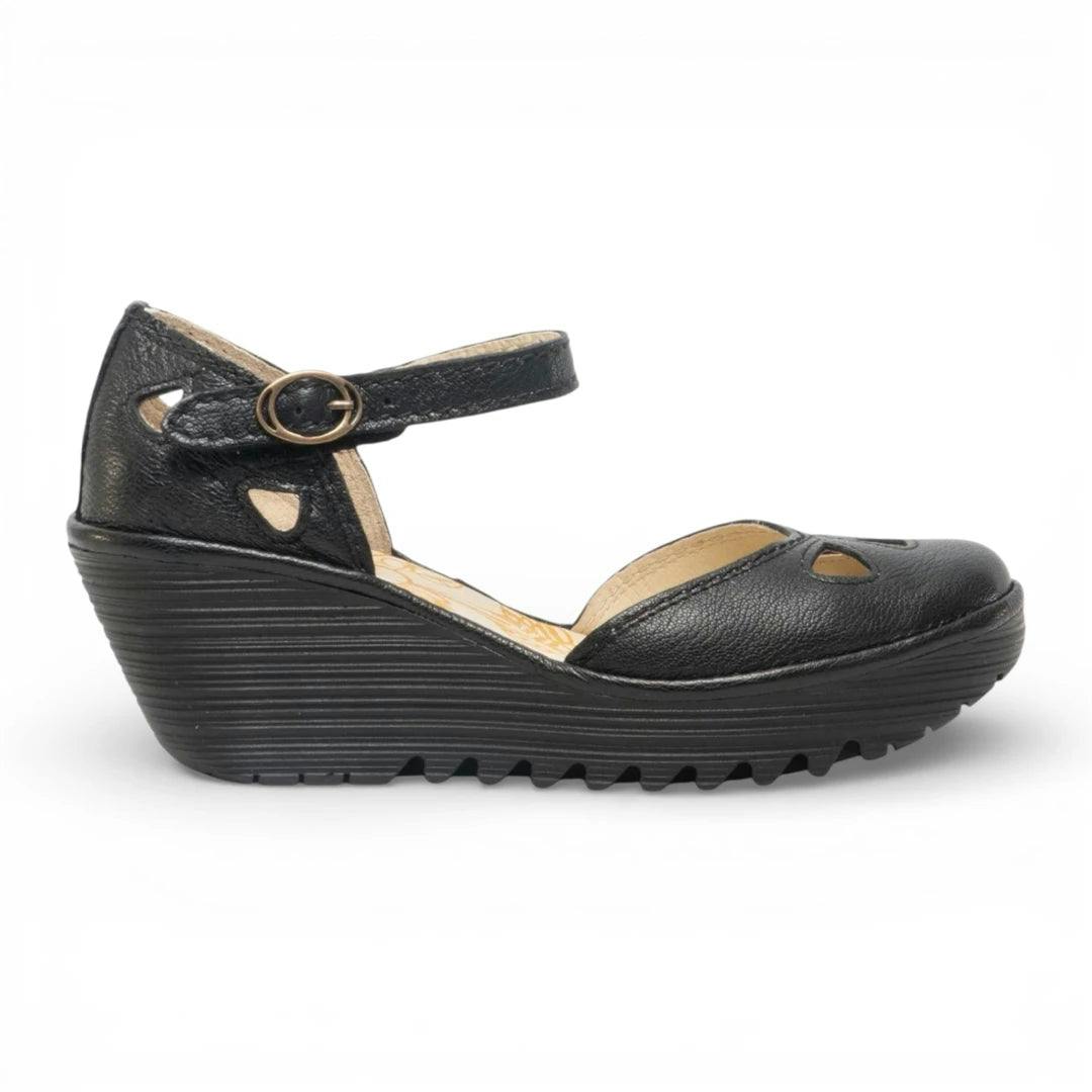 Fly London Women's Black Yuna - ’S Leather Wedge Sandals - Eu 38