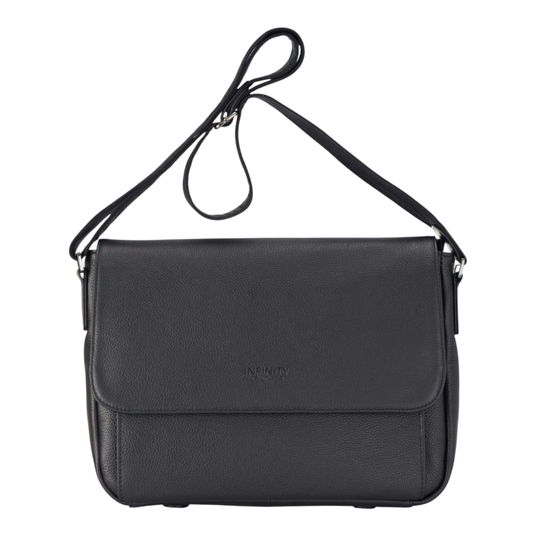 Infinity Leather Black Genuine Leather Laptop Bag Travel Work Messenger Satchel - Camden - 31.5 X 24 X 8 Cm