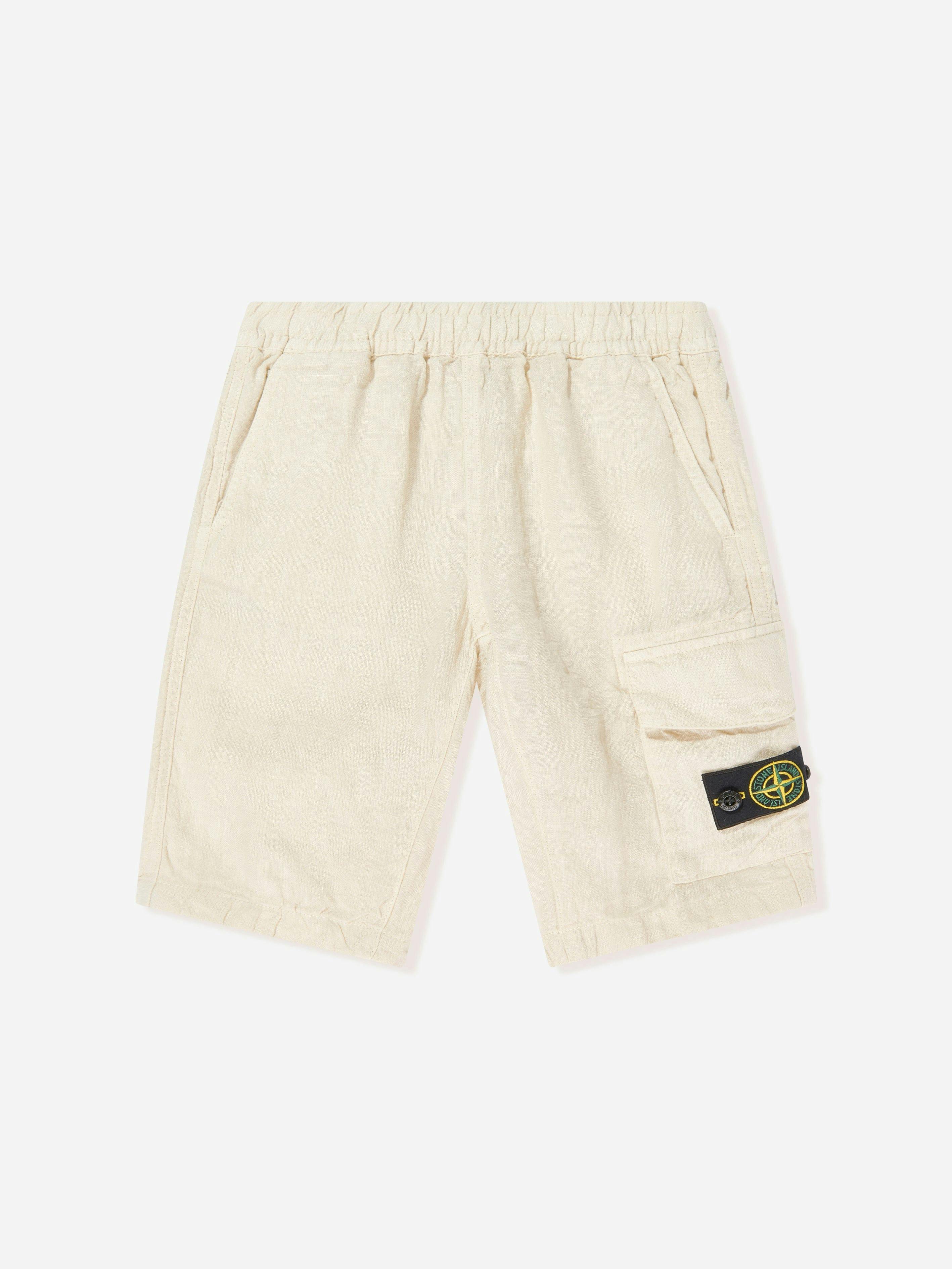 Stone Island Boys Ivory Junior Linen Logo Pocket Shorts In - 6 Yrs