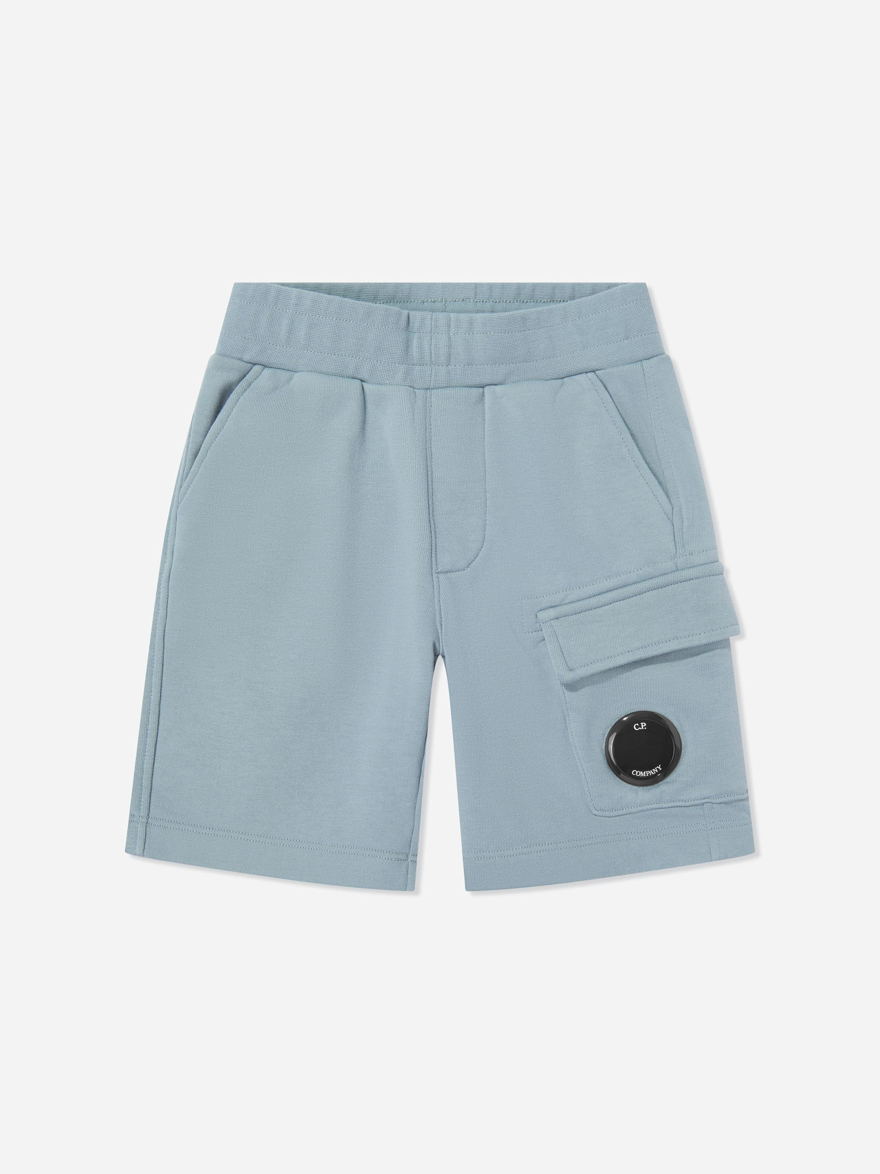 C.p. Company Boys Blue Diagonal Fleece Cargo Lens Sweat Shorts In - 8 Yrs