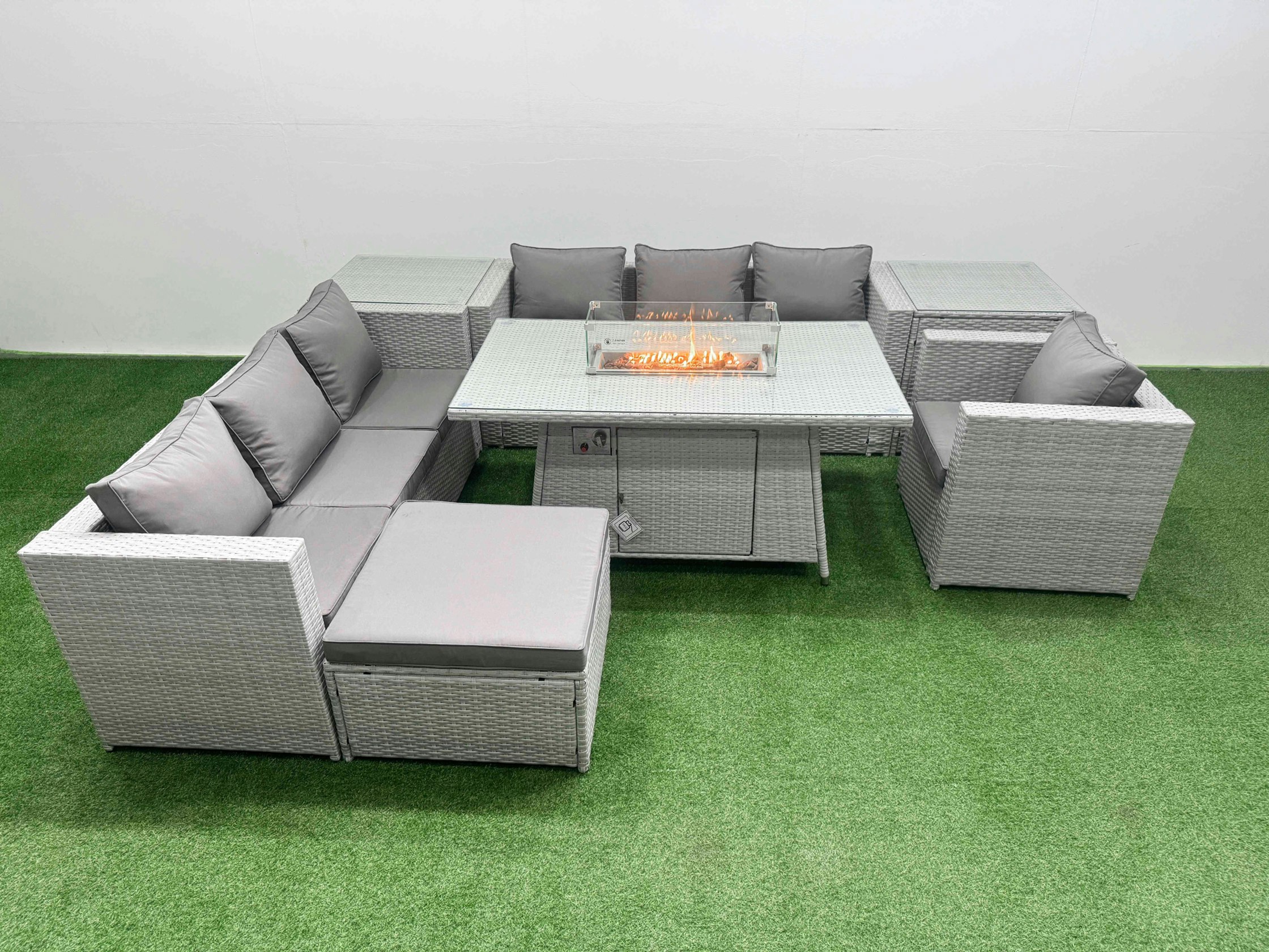 Rackhams Light/Grey 8 Seat Pe Rattan Lounge Sofa Set Outdoor Garden Furniture Set With Fire Pit Dining Table 3 Seater Sofa Big Stool 2 Side Tables