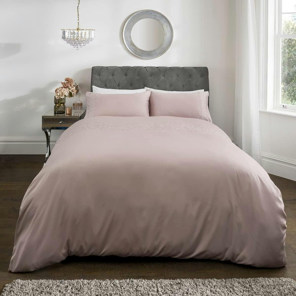 Rackhams Green Luxury Hotel Quality Diamonte Embellished Duvet Cover With Pillowcases - Blush - Super King (220Cm X 260Cm)