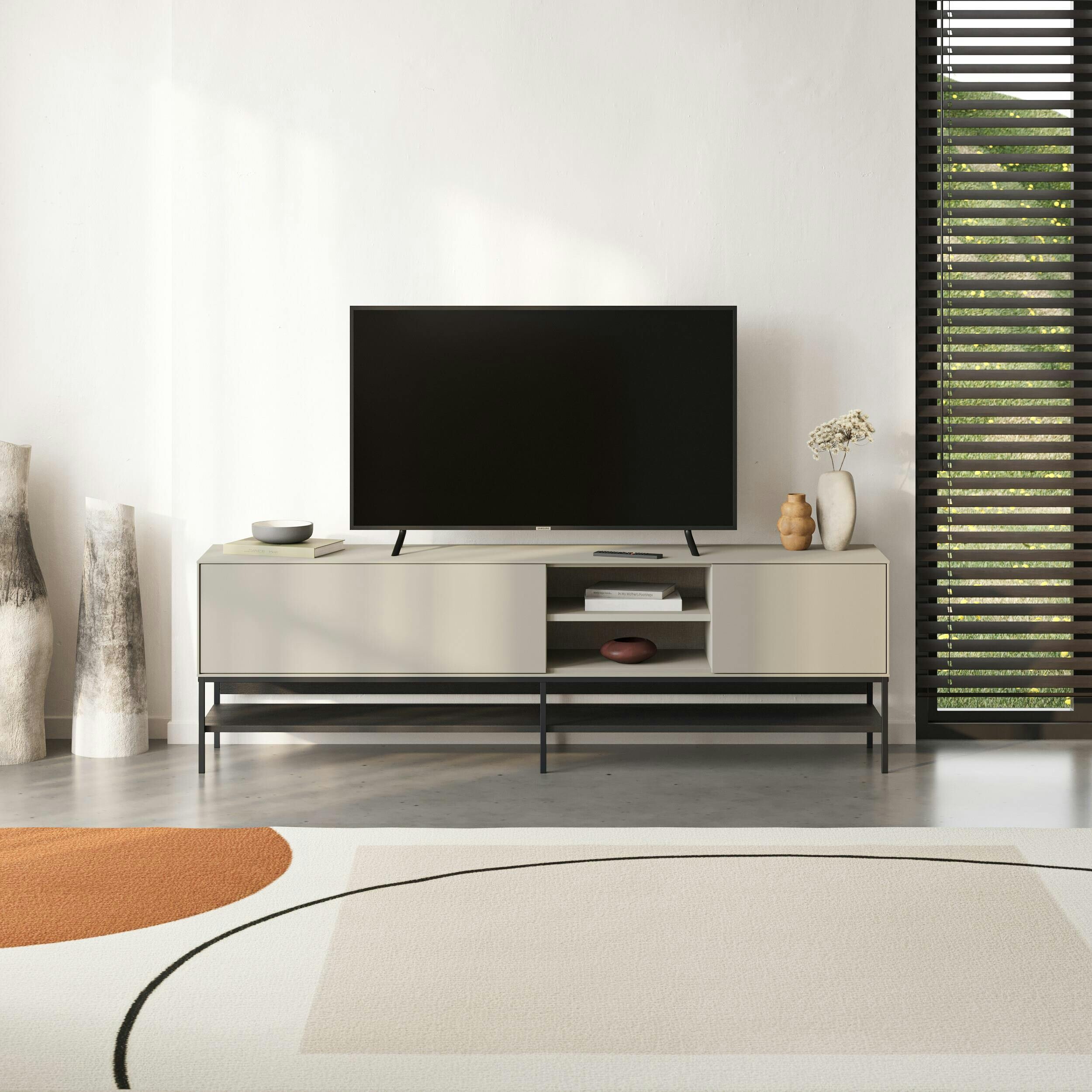B&Q - Amira 180Cm Modern Tv StandEntertainment Centre With Metal Legs & Push-To-Open Doors Sandstone-Black Wood - Image 2