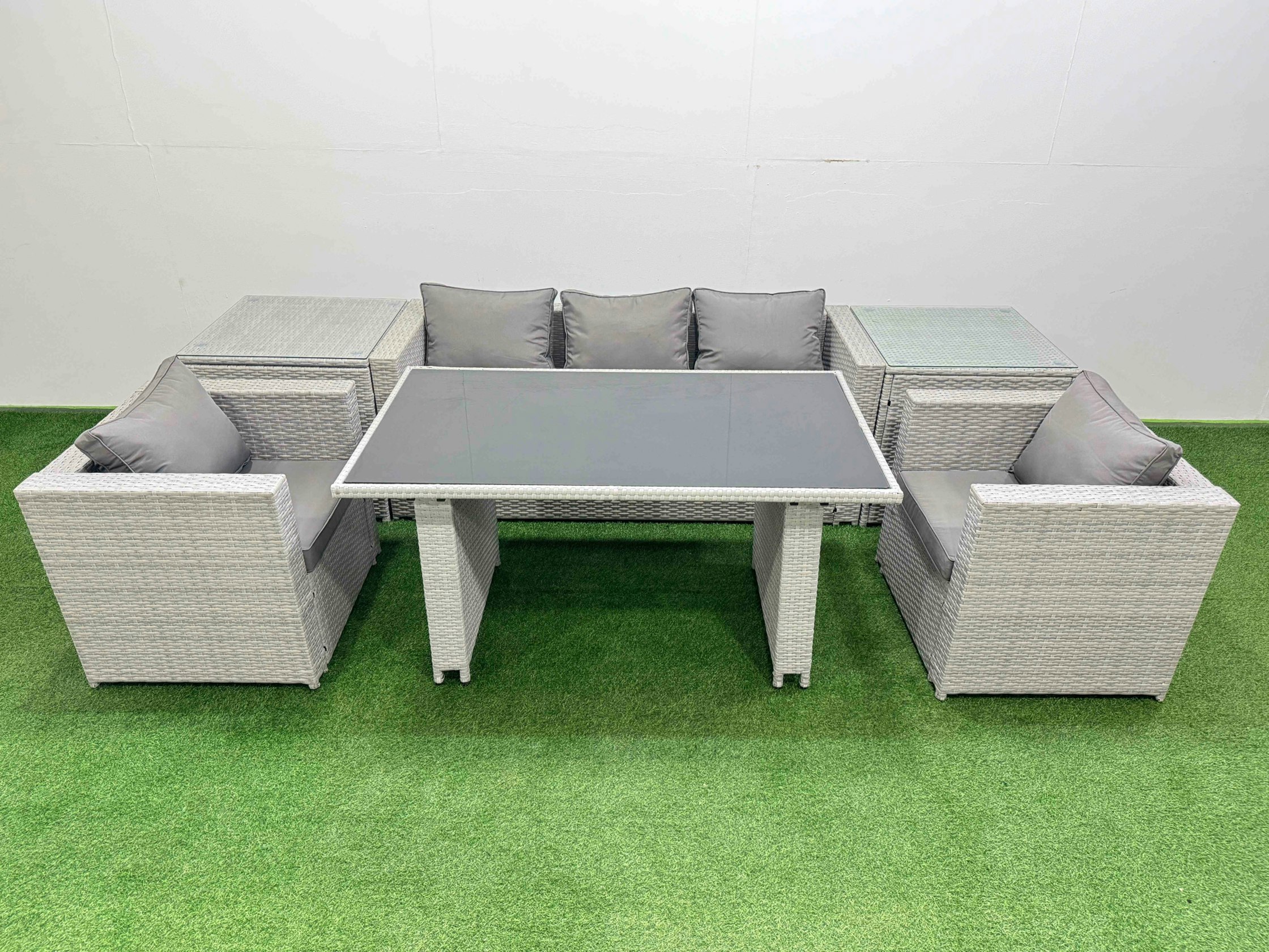 Rackhams Black/Light/Grey Patio Garden Furniture Sets With Glass Top Dining Table Armchair 3 Seater Sofa 2 Side Tables