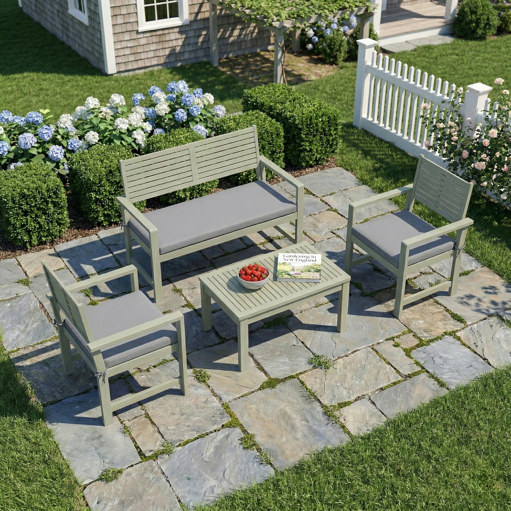 Outsunny Light/Grey 4 Seater Wooden Garden Furniture Set With Loveseat, Chairs, Table