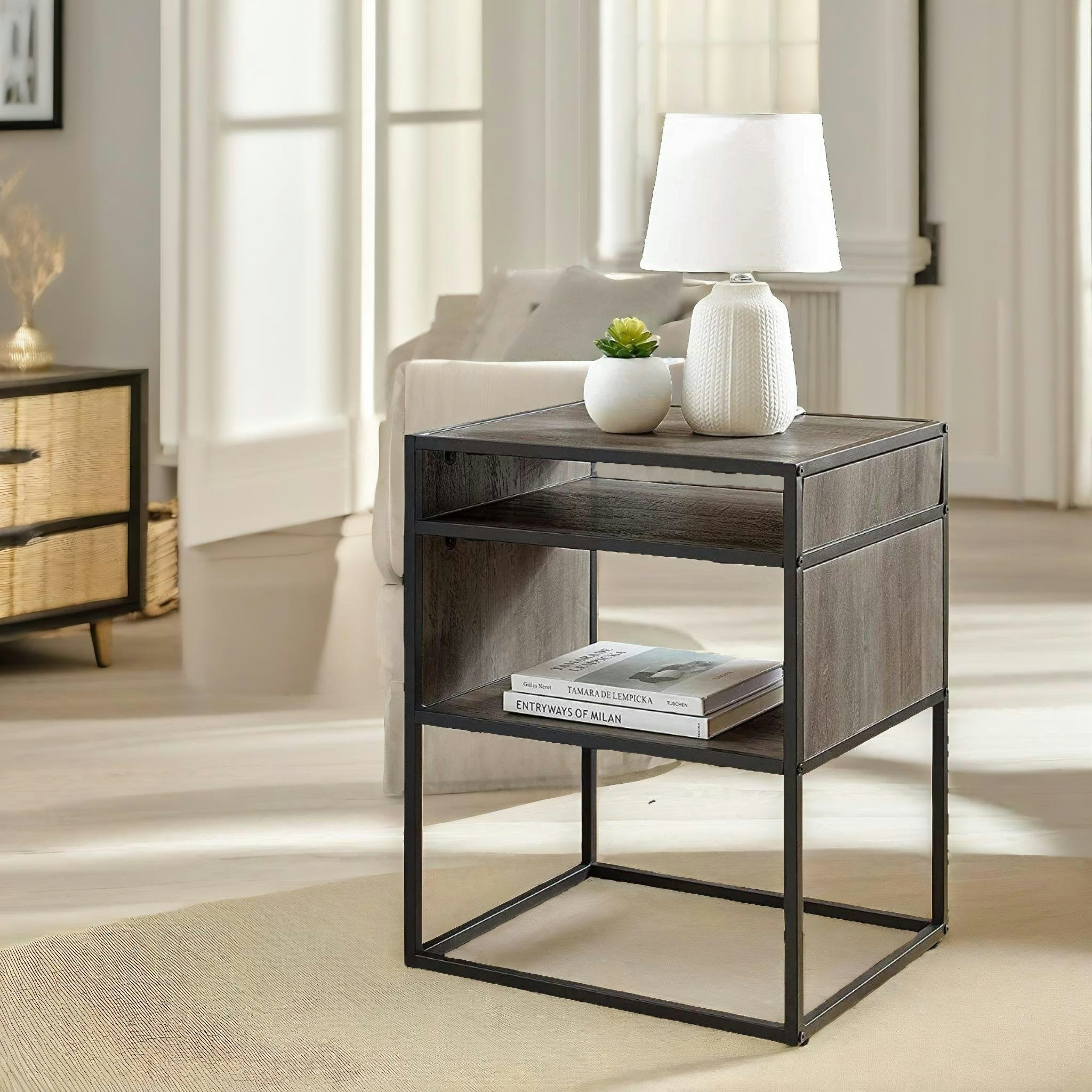 Rackhams Grey Industrial Square Side Table With Open Storage Walnut