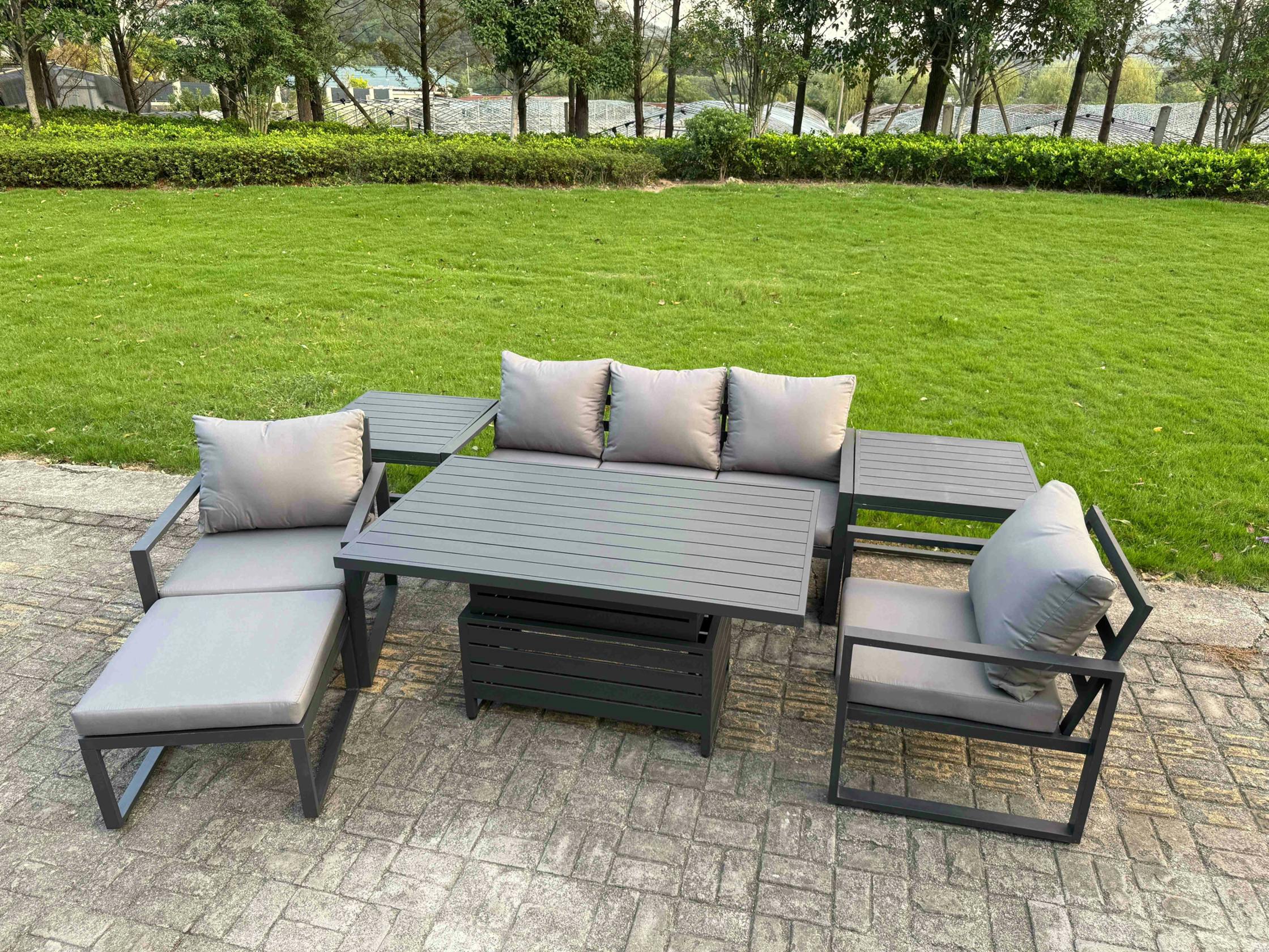 Fimous Dark/Grey 6 Seater Aluminium Garden Furniture Set With Adjustable Rising Dining Table, 2 Chairs, Footstool, 2 Side Tables