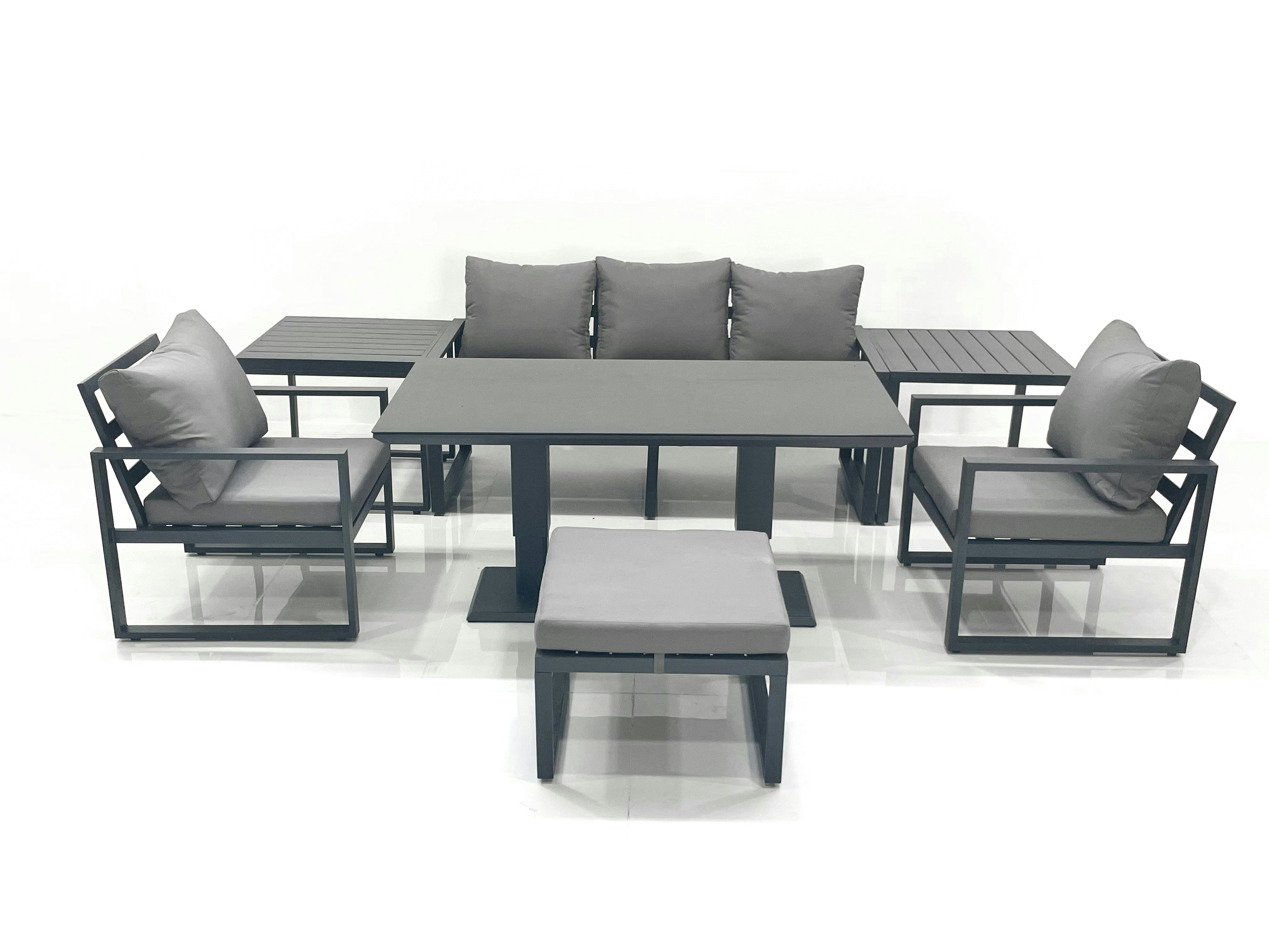 Fimous Dark/Grey Outdoor Aluminium Garden Furniture Set With Adjustable Rising Lifting Dining Table 3 Seater Sofa 2 Chair Big Footstool 2 Side Tables