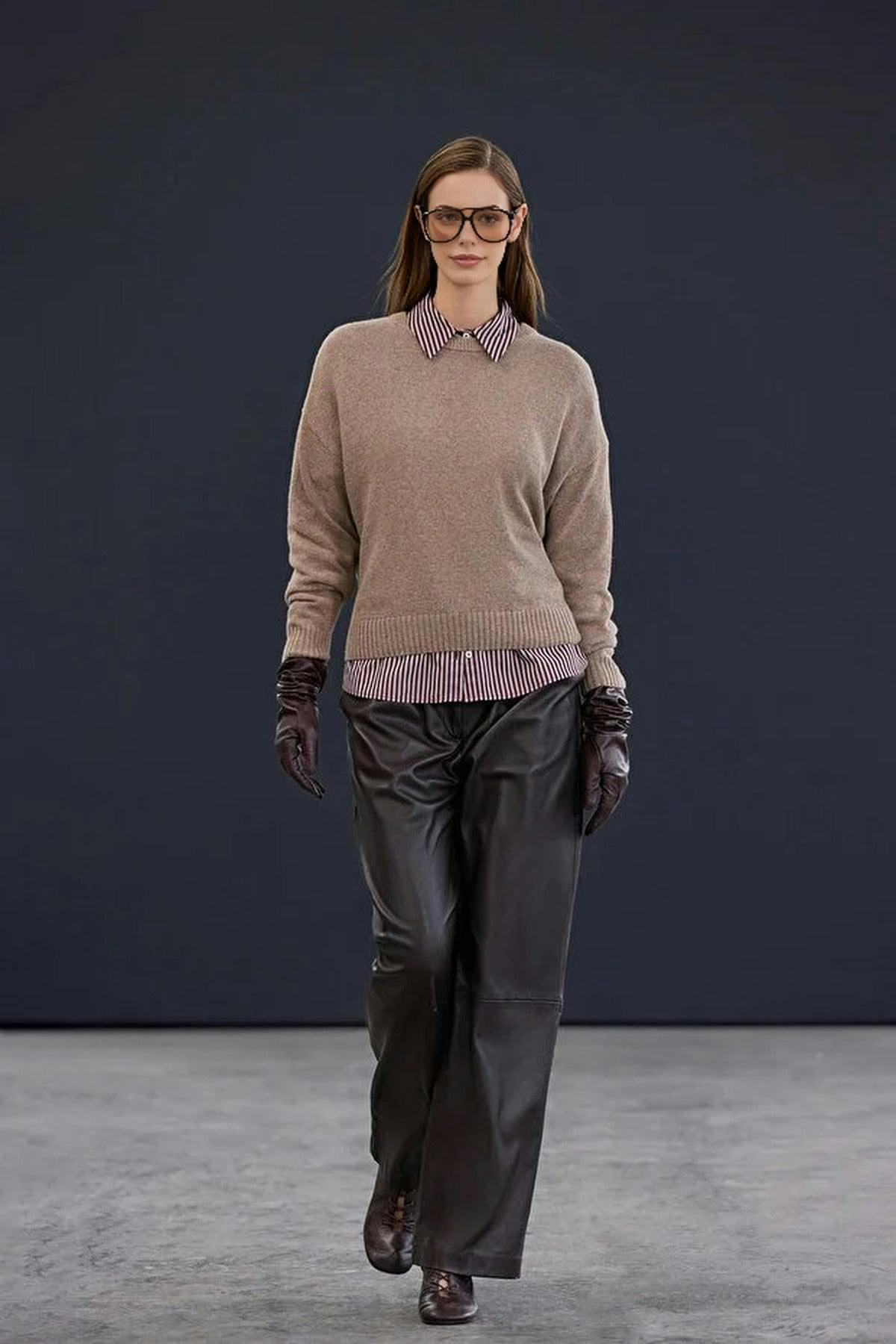 Wovcor Cashmere Blend Crew Neck Knit Sweater - Taupe - L