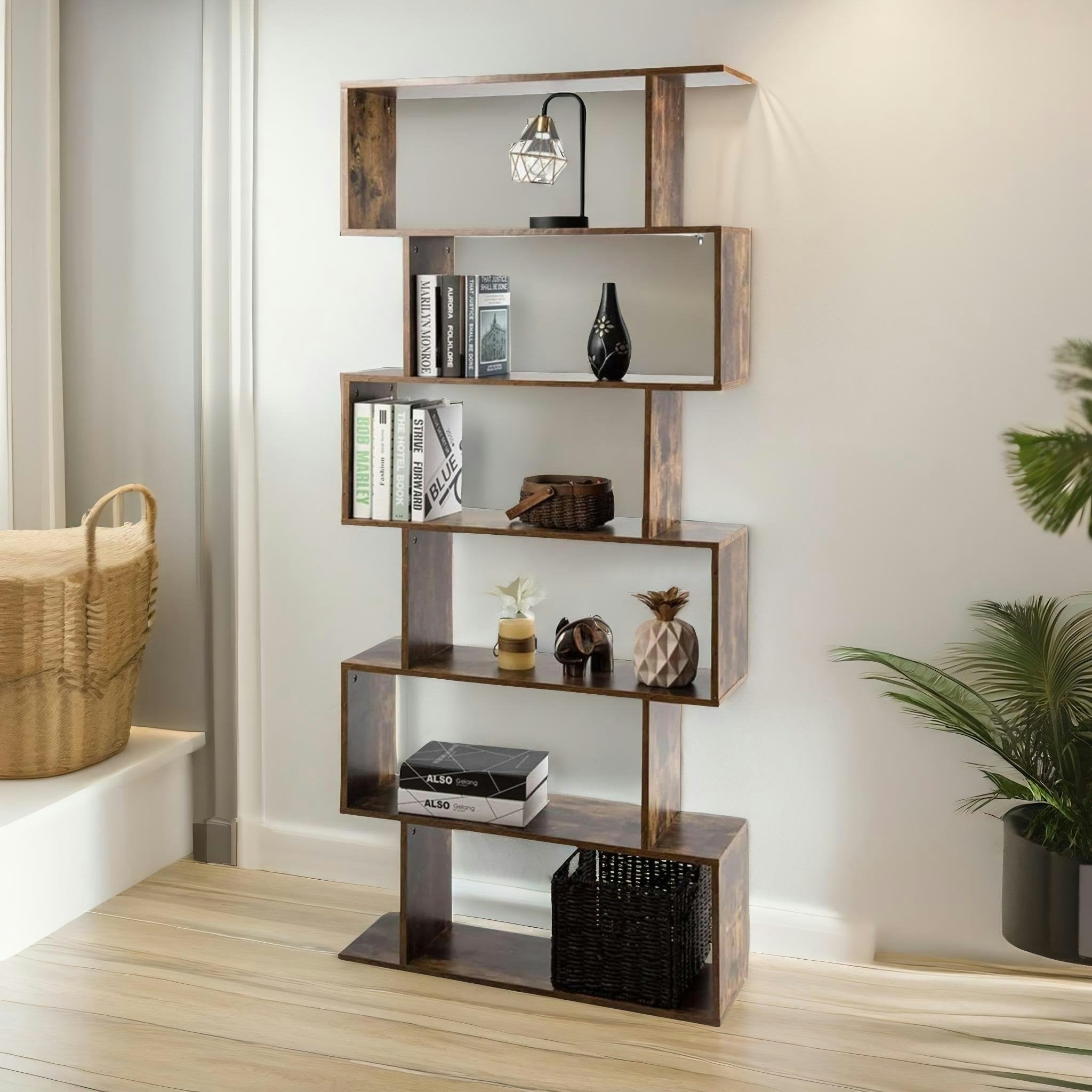 Rafaelo Mobilia Brown Industrial 6 Compartment Book Shelf Rustic