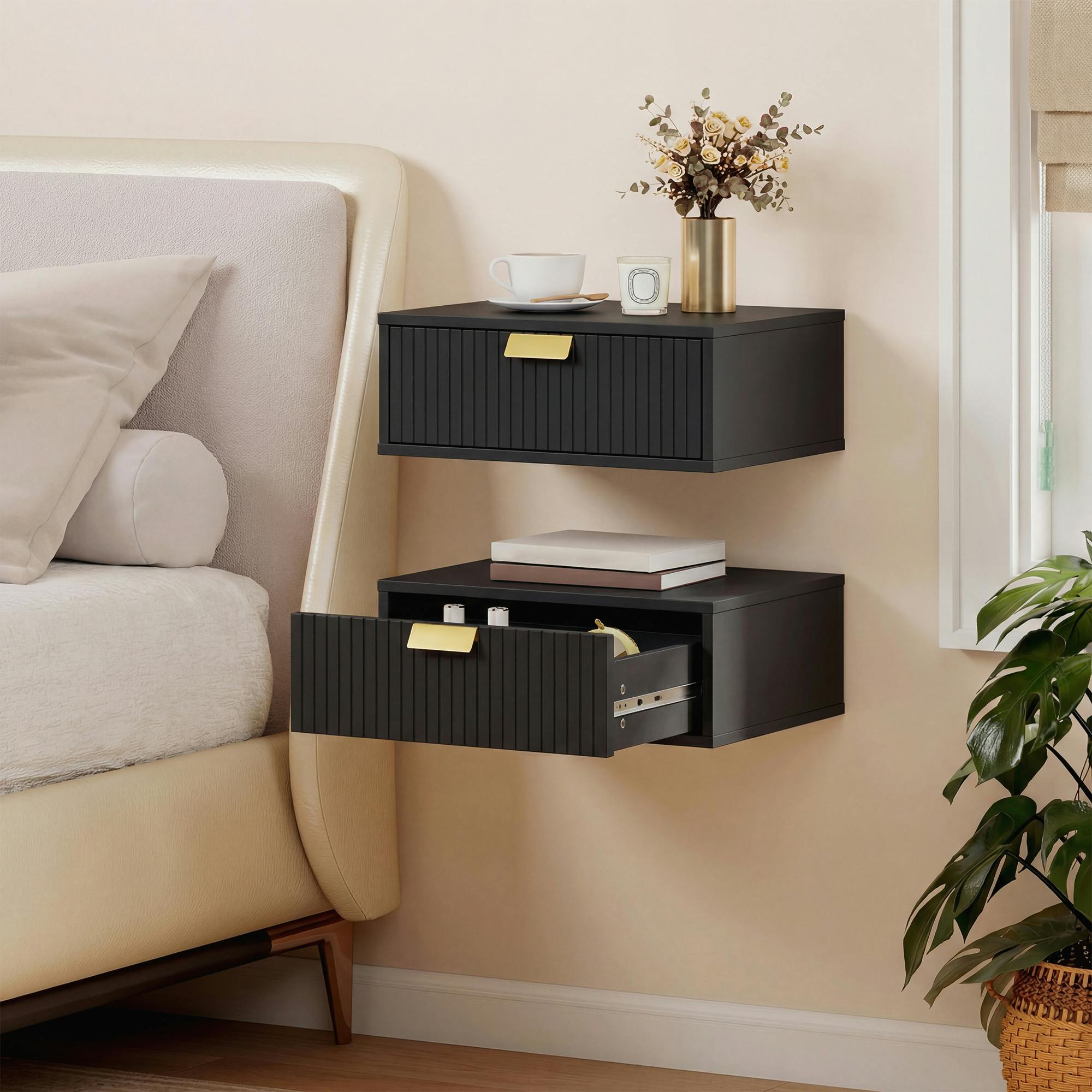 Rackhams Black Floating Nightstands Set Of 2 Bedside Tables W/ Wave Drawer