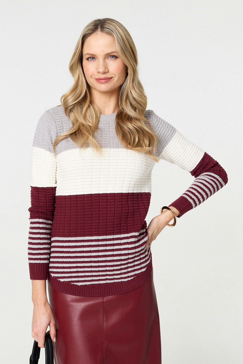 Izabel London Red Colour Block Textu Curve Hem Jumper - 10