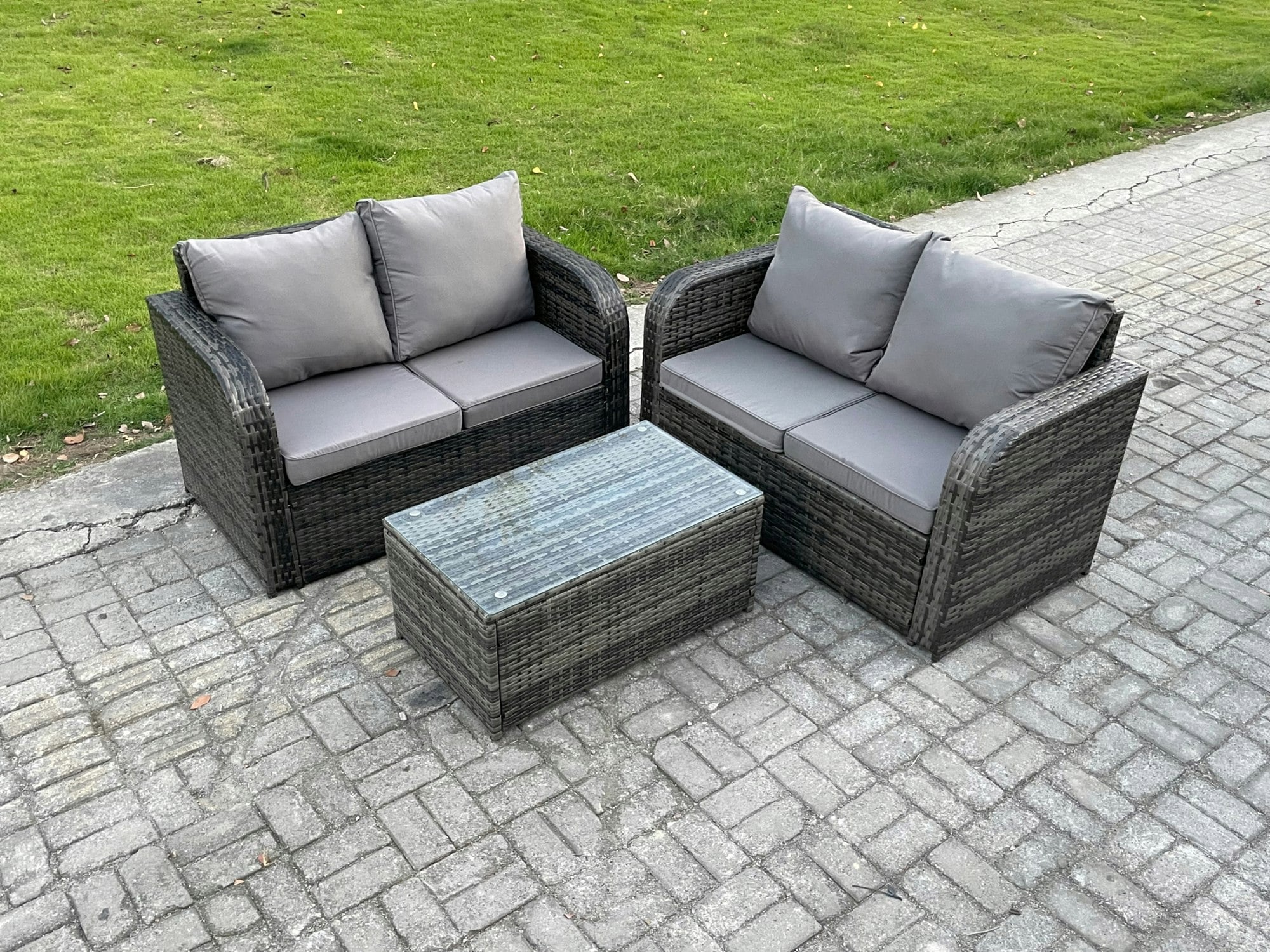 Rackhams Dark/Grey 4 Seater Outdoor Lounge Sofa Set Rattan Garden Furniture Set With Rectangular Coffee Table Mixed