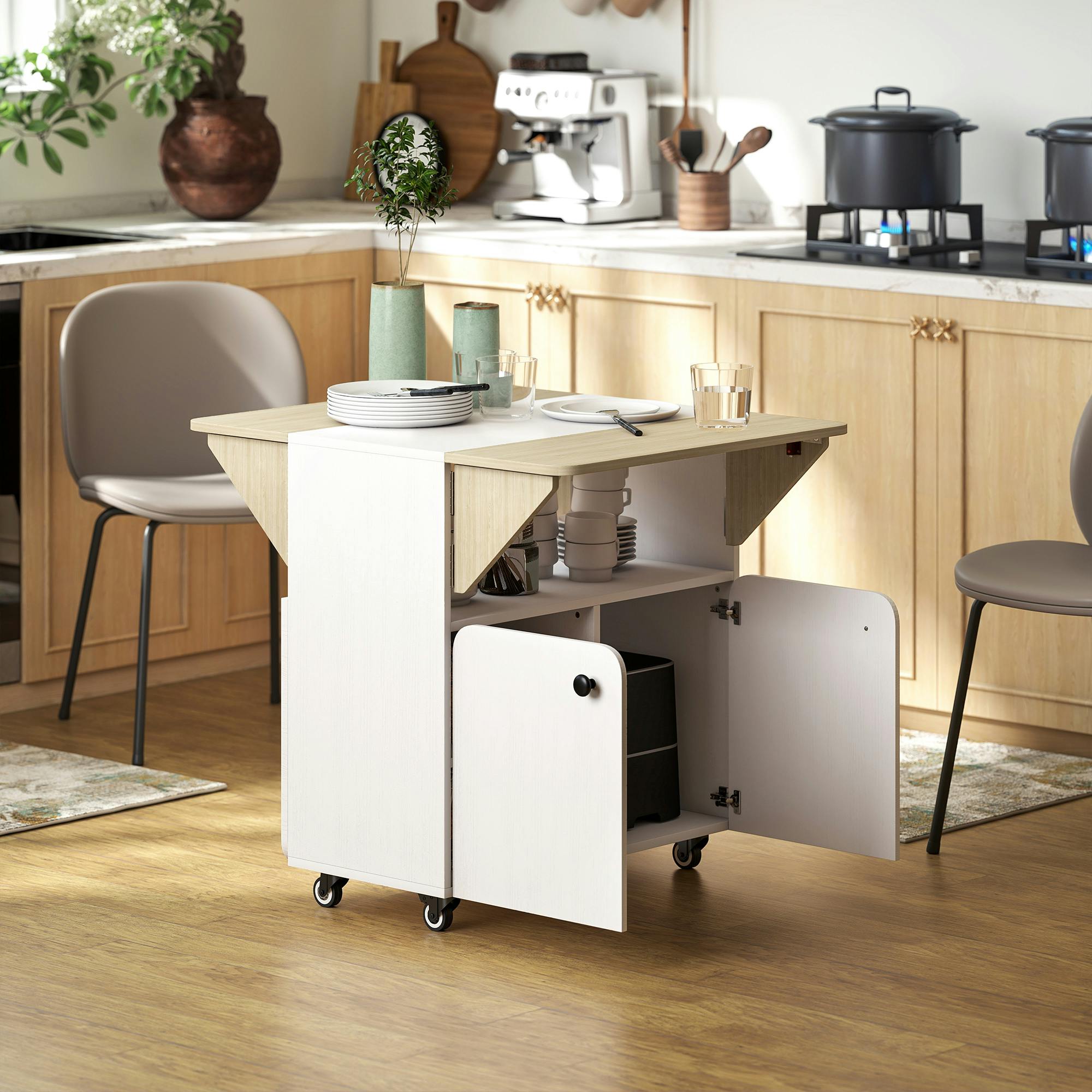Rackhams White Folding Dining Table, Rolling Drop Leaf Table With Hidden Shelf - 70