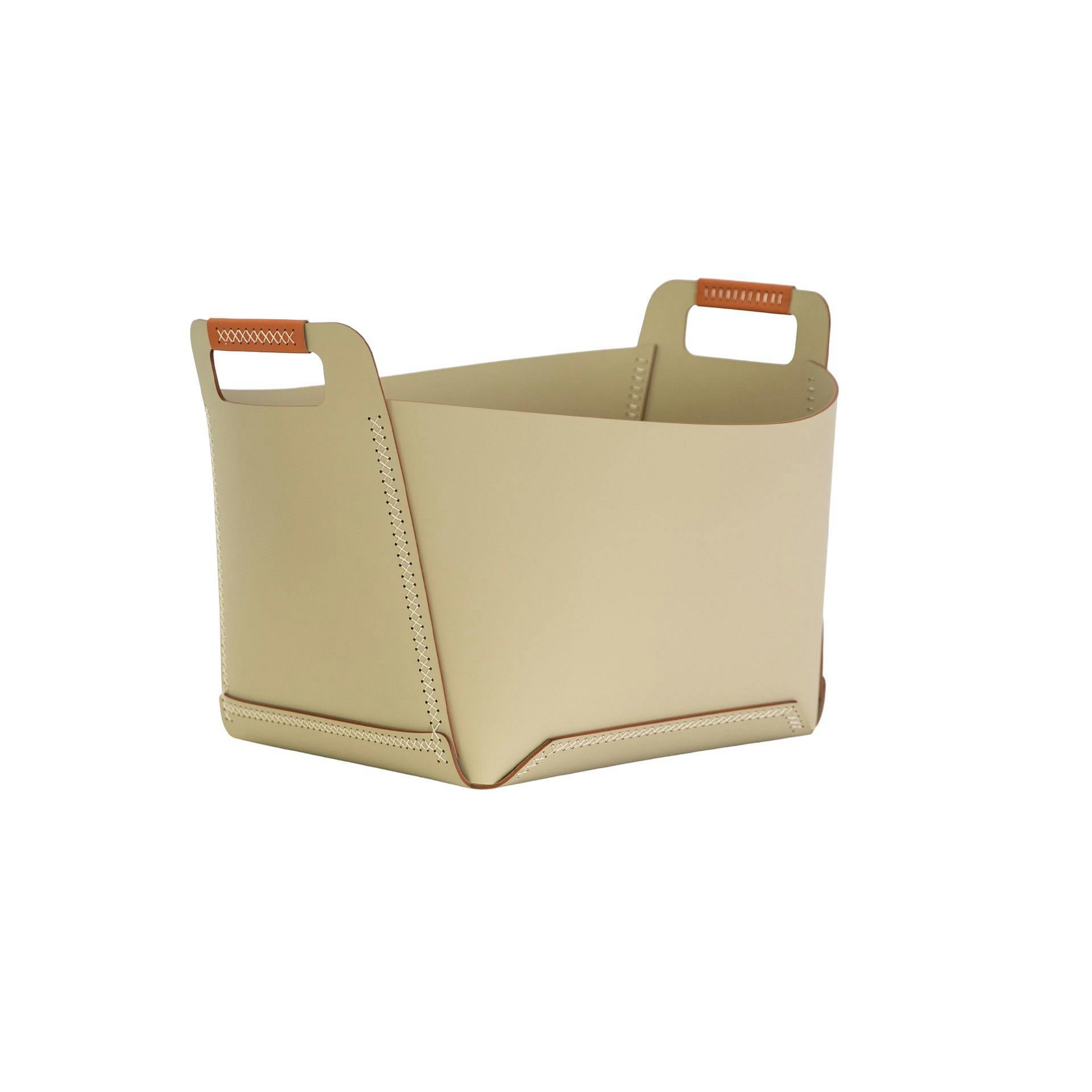 Angel Cerdá Rectangular Decorative Storage Basket In Sand-Coloured Regenerated Leather With Handles 3303