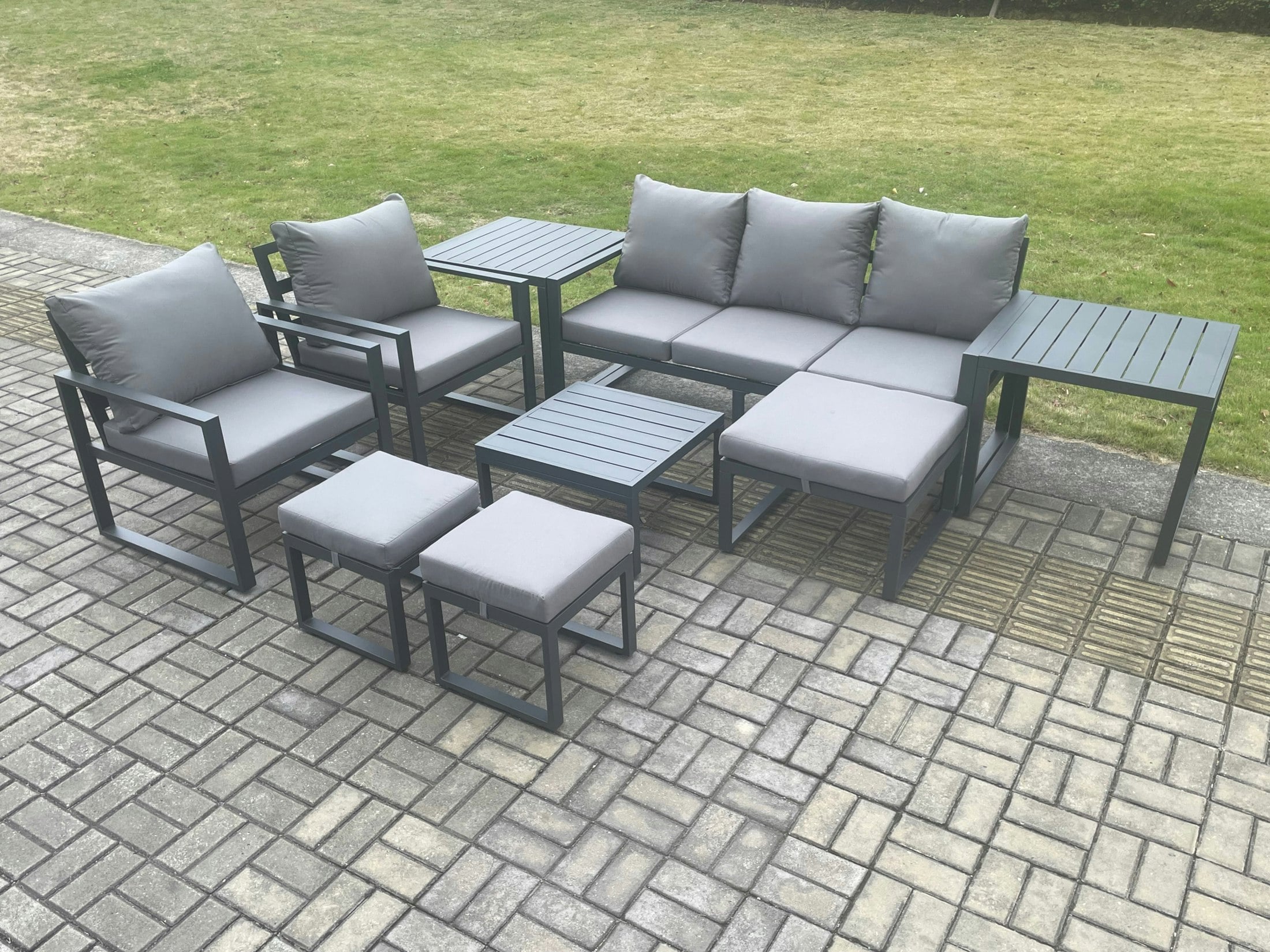 Fimous Dark/Grey Aluminium Outdoor Lounge Sofa Set Garden Furniture Sets With Square Coffee Table 2 Chairs 3 Footstools 2 Side Tables 8 Seater