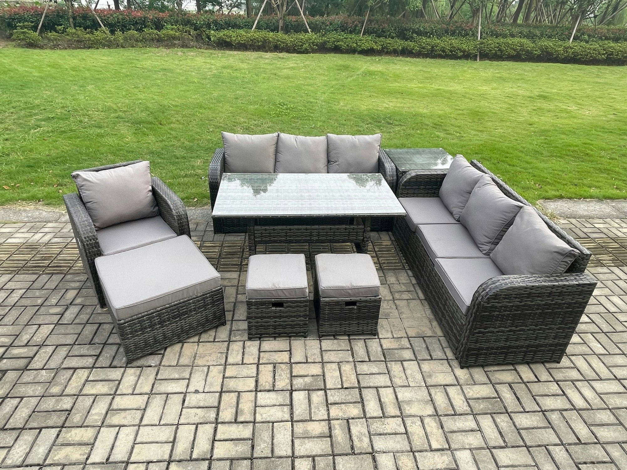 Fimous Dark/Grey 10-Seater Rattan Outdoor Dining Set | Oblong Rectangular Table, 3-Seater Sofa, 3 Footstools, Side Table