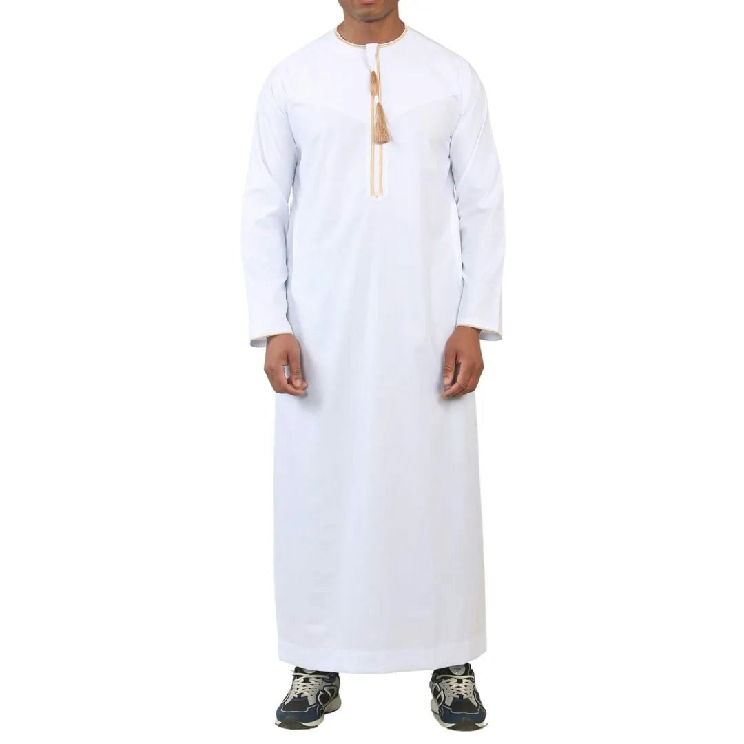 Thobez Men's Gold/White Tt-003 - Emirati Omani Thobe Tassel Embroidery - 58