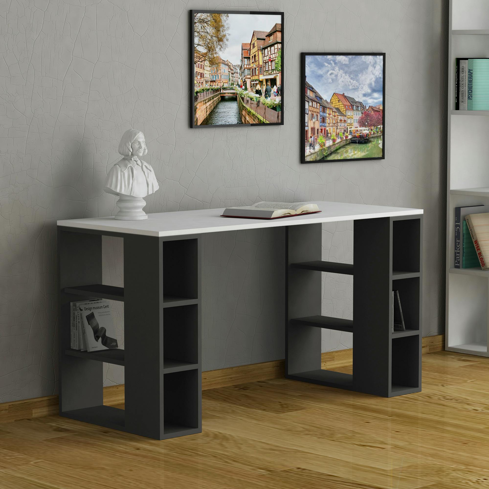 Decortie Anthracite/Grey Colmar Modern Desk With Integrated 6-Shelf Bookshelf Storage Width 140Cm