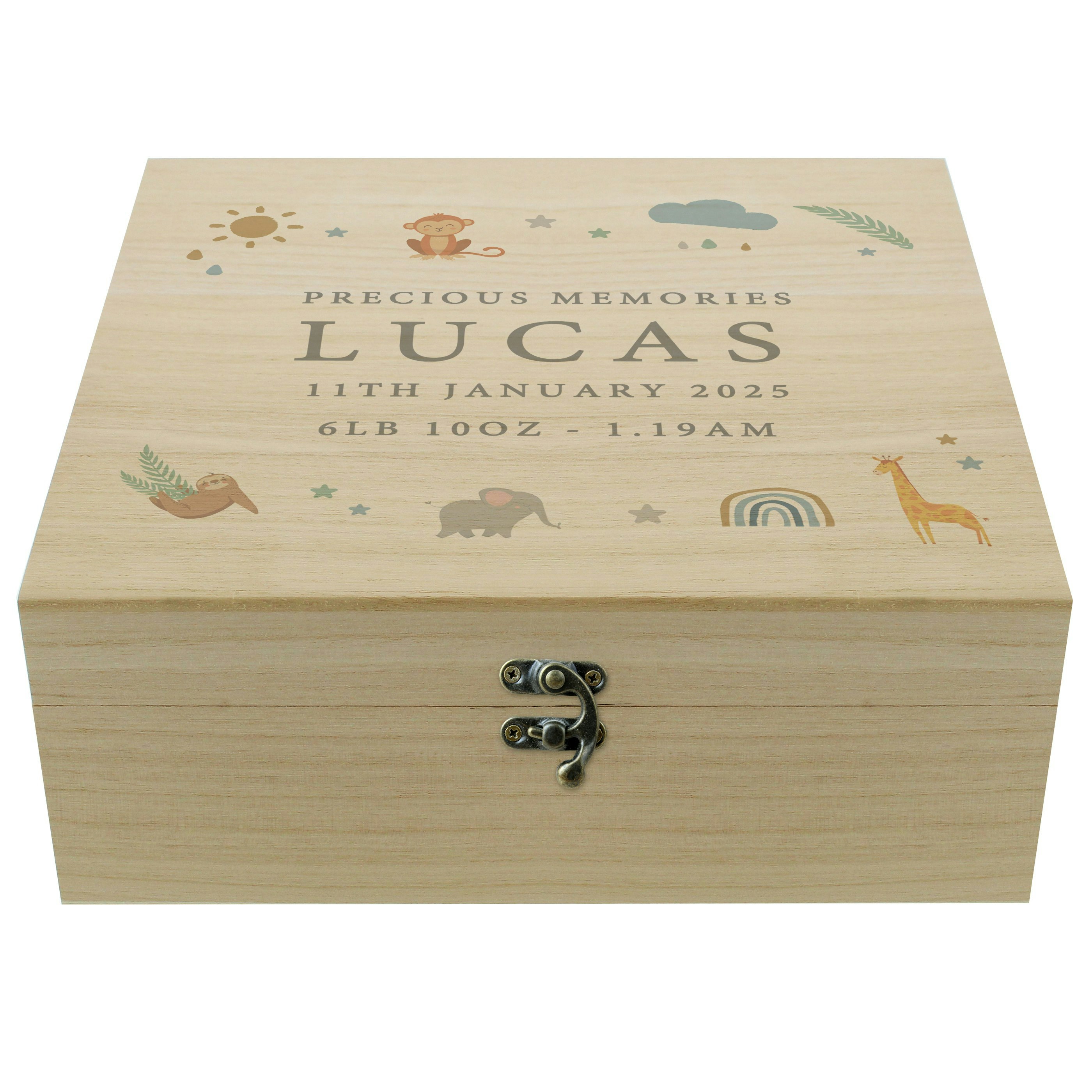 Personalised Memento Company Personalised Safari Animals Large Wooden Keepsake Box